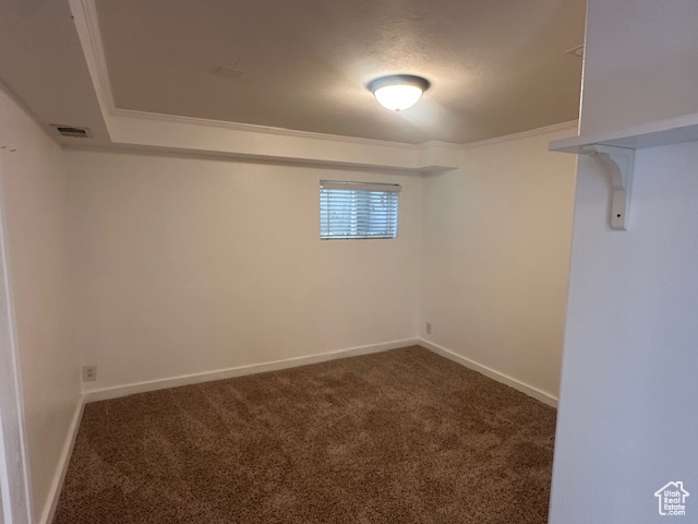 Basement with dark colored carpet and crown molding