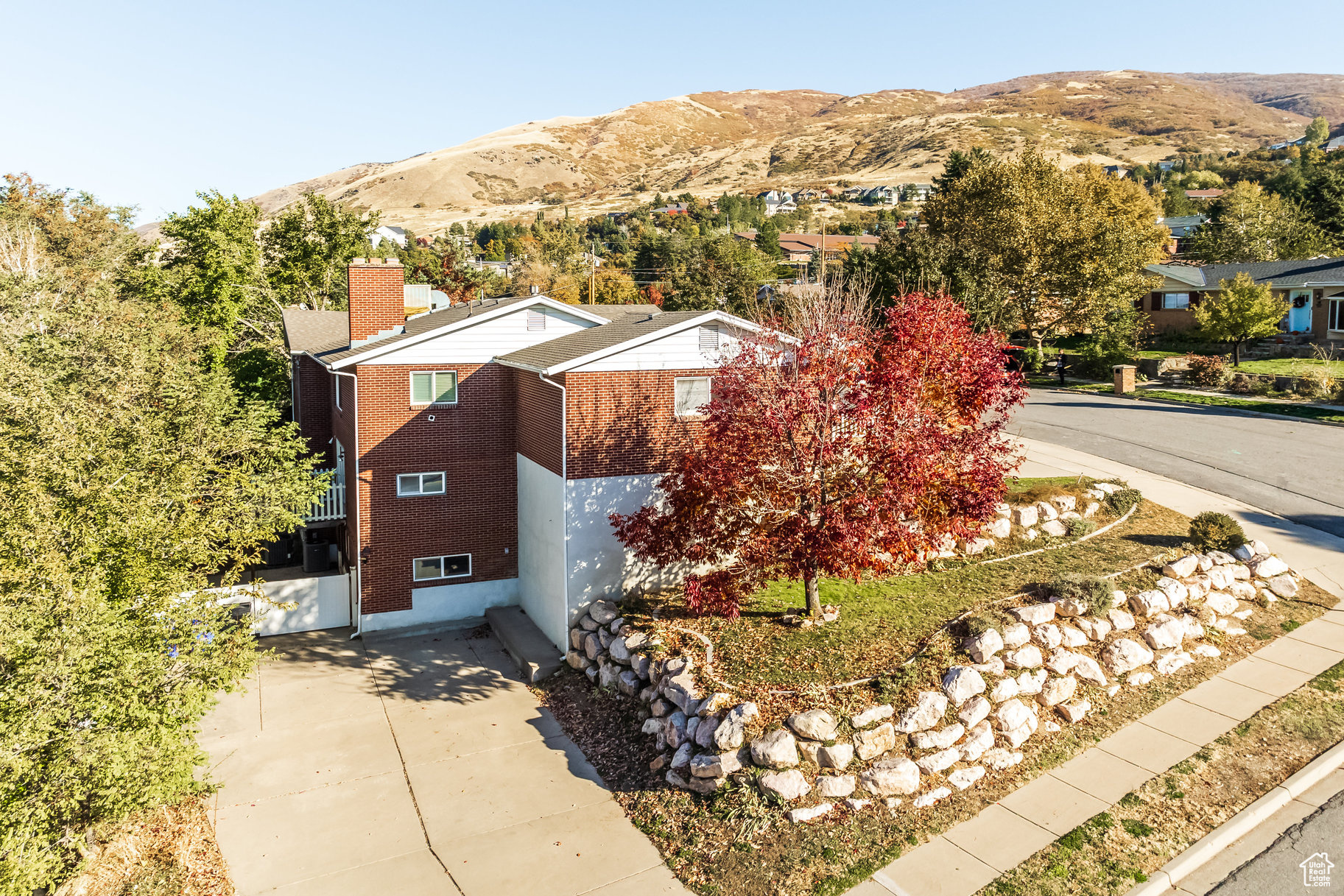 Aerial view featuring a mountain view