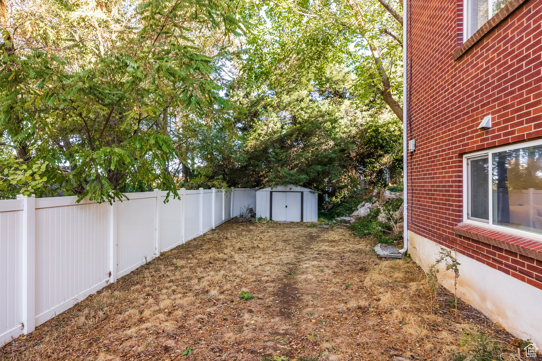 View of yard featuring a storage unit