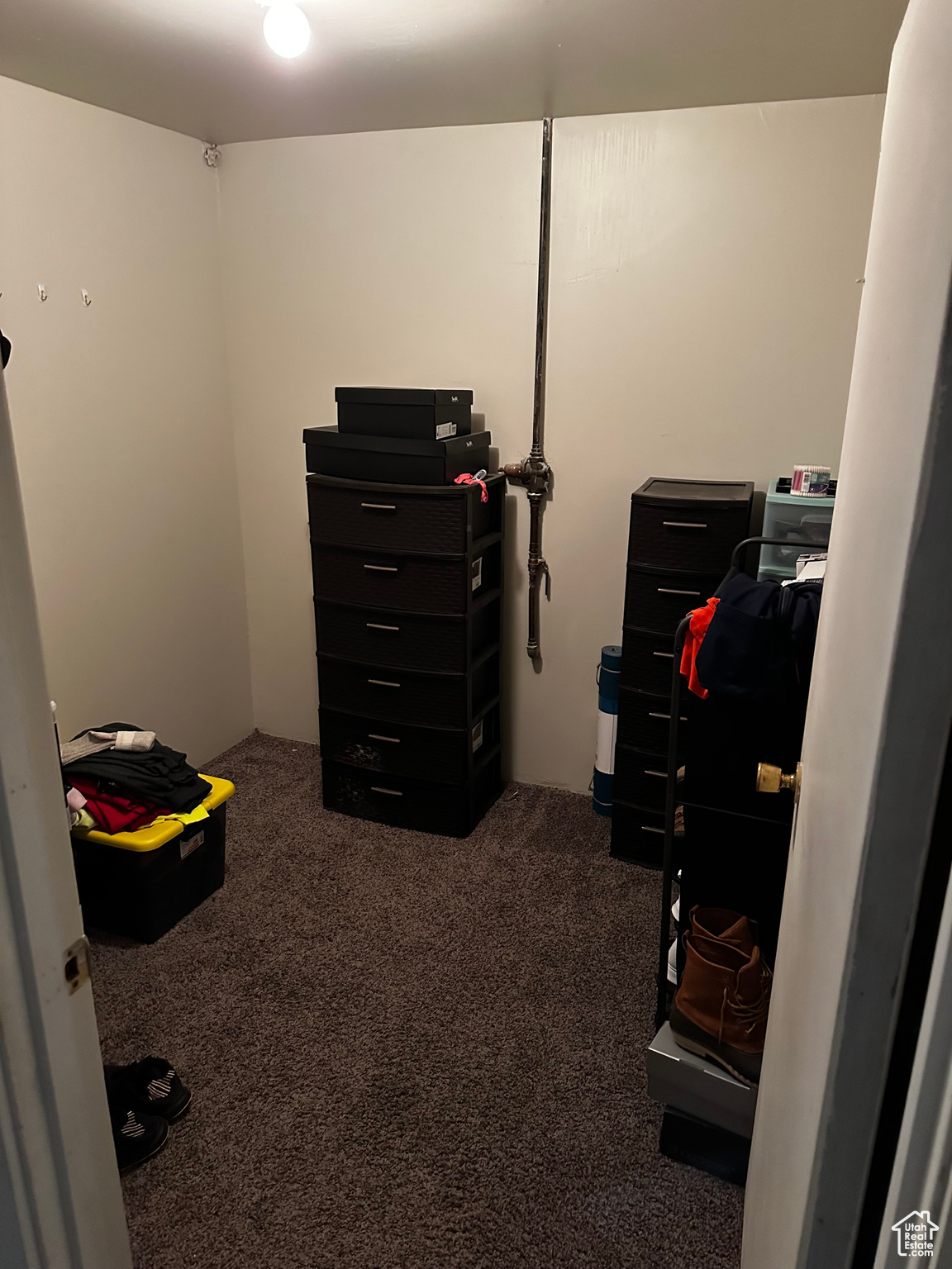 Walk in closet featuring dark carpet