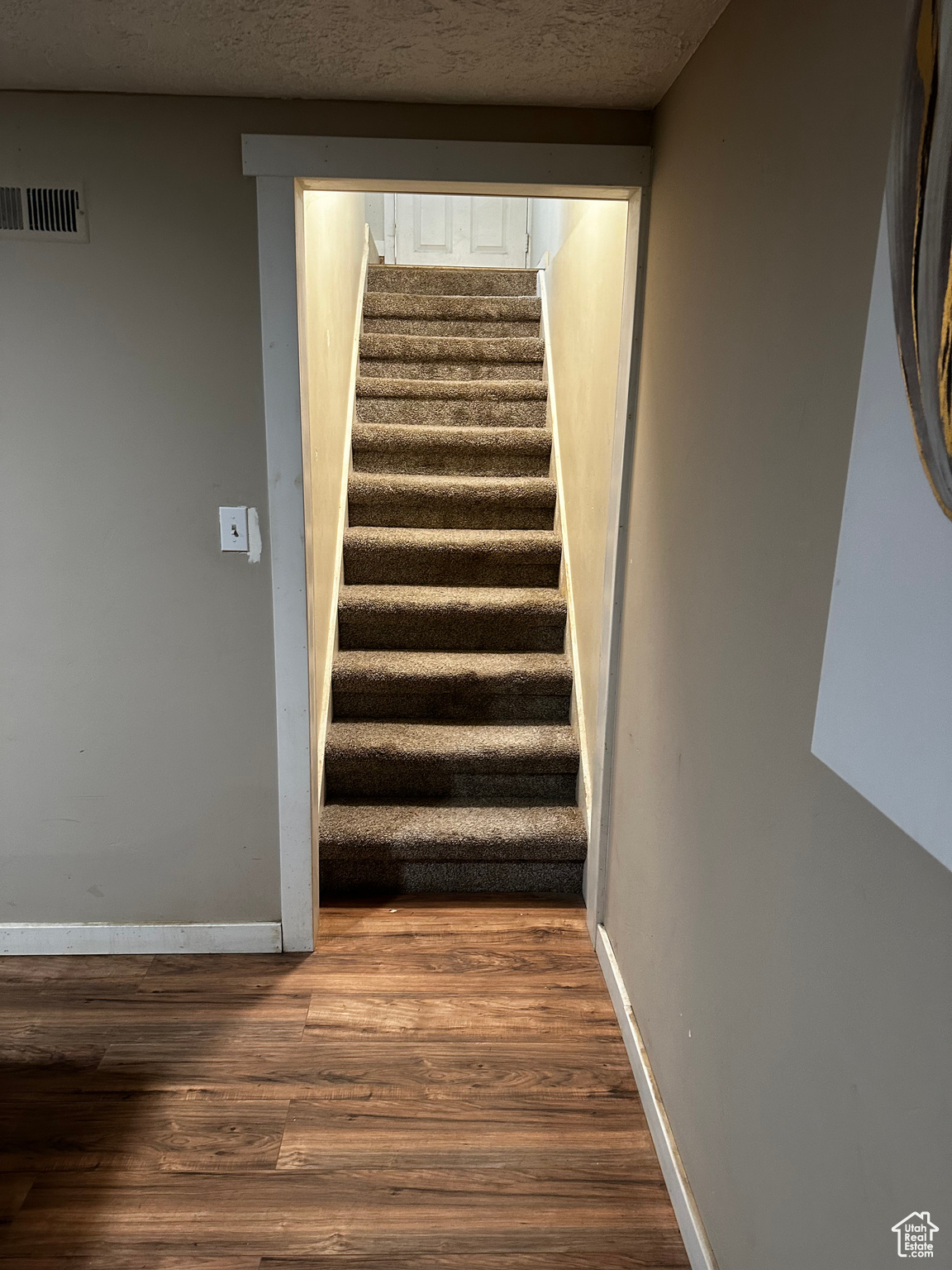 Stairs with hardwood / wood-style flooring