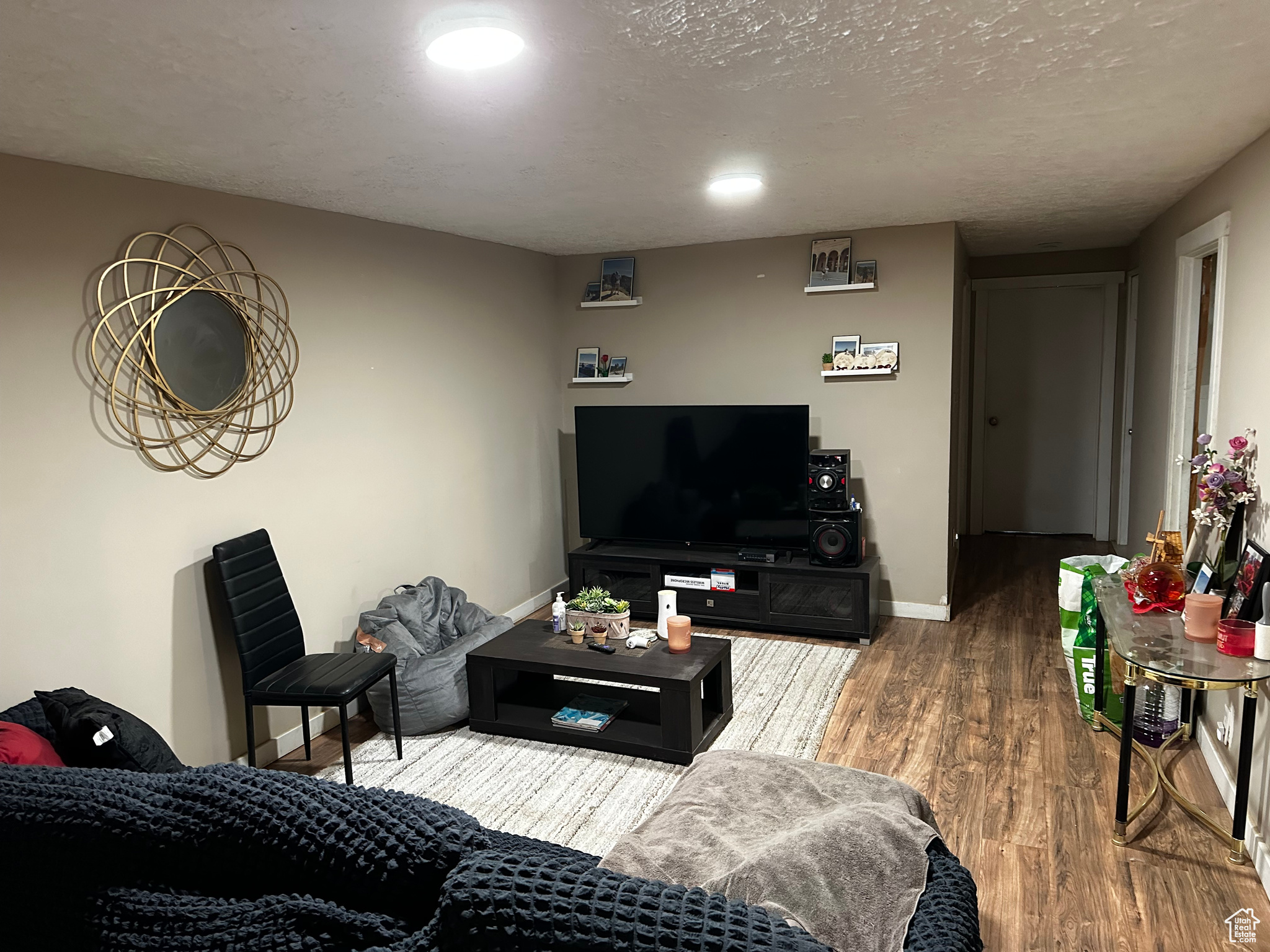 Living room with hardwood / wood-style floors and a textured ceiling