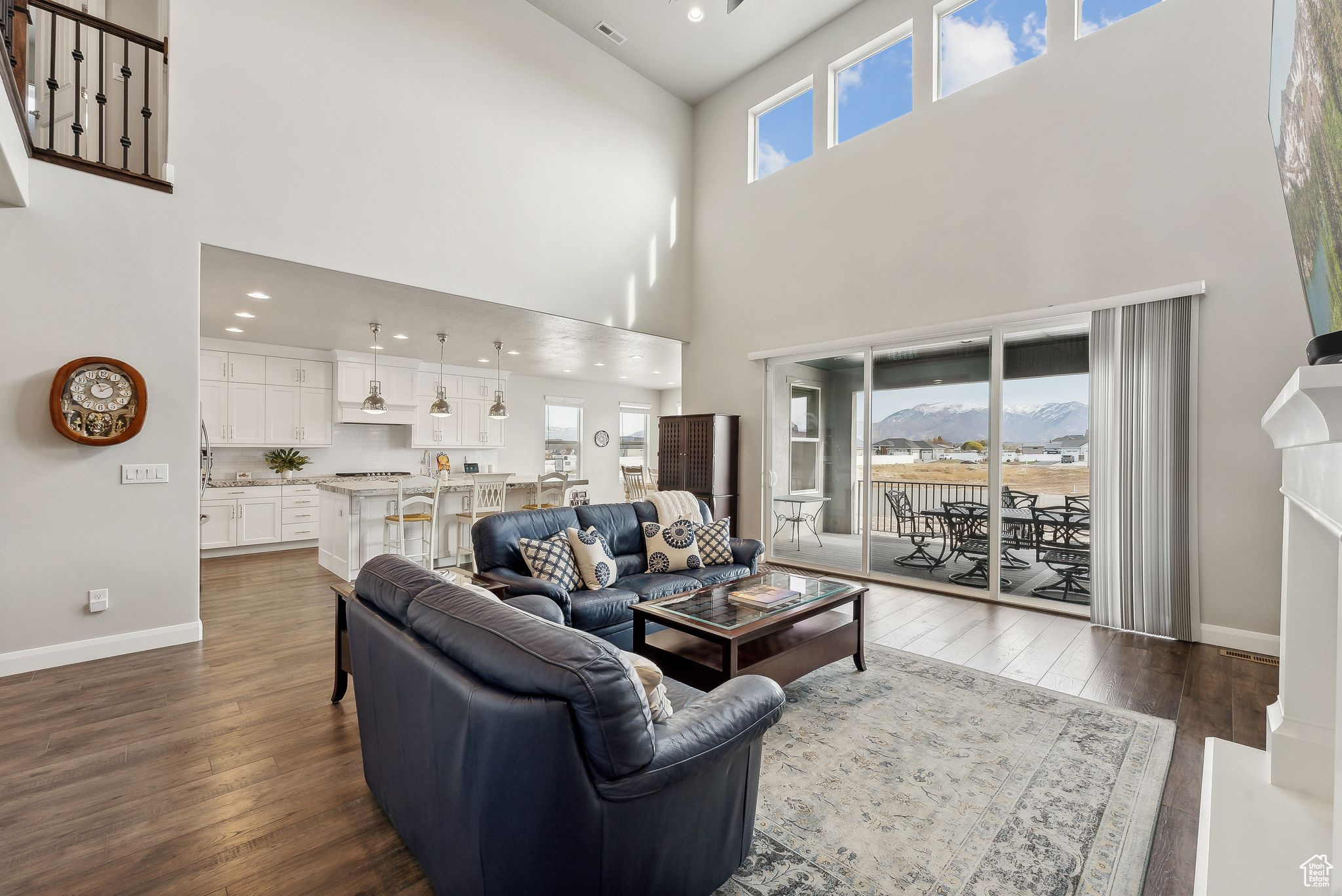 Living room with dark hardwood / wood-style floors, a healthy amount of sunlight, and a high ceiling