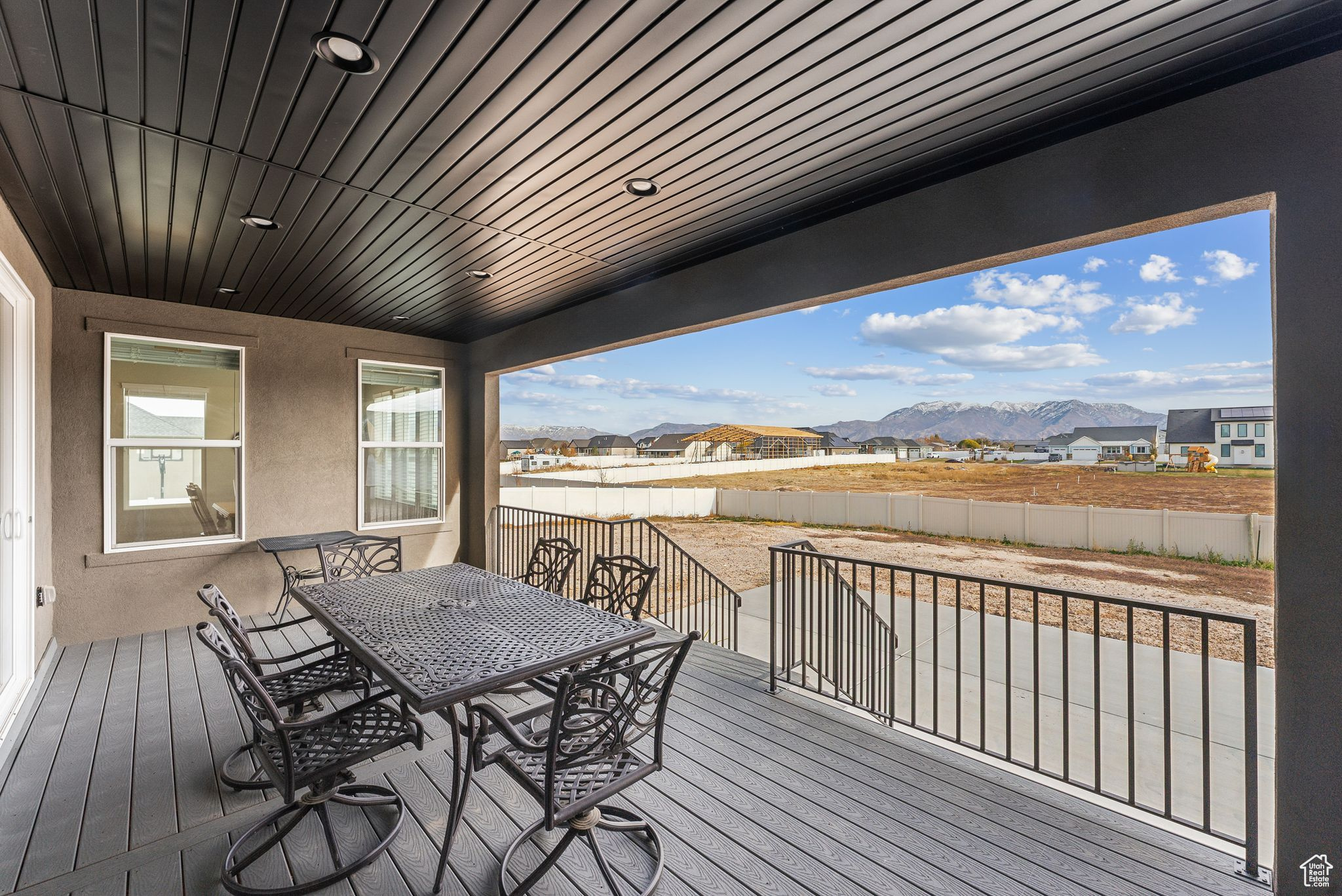 Wooden deck featuring a mountain view