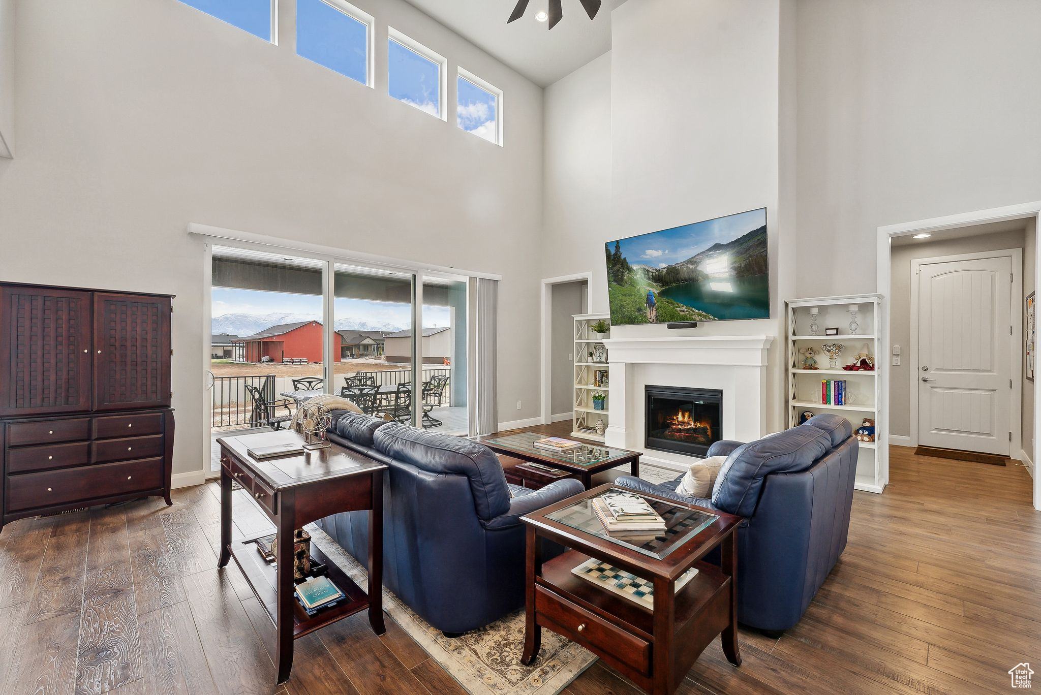 Living room featuring wood-type flooring and a high ceiling