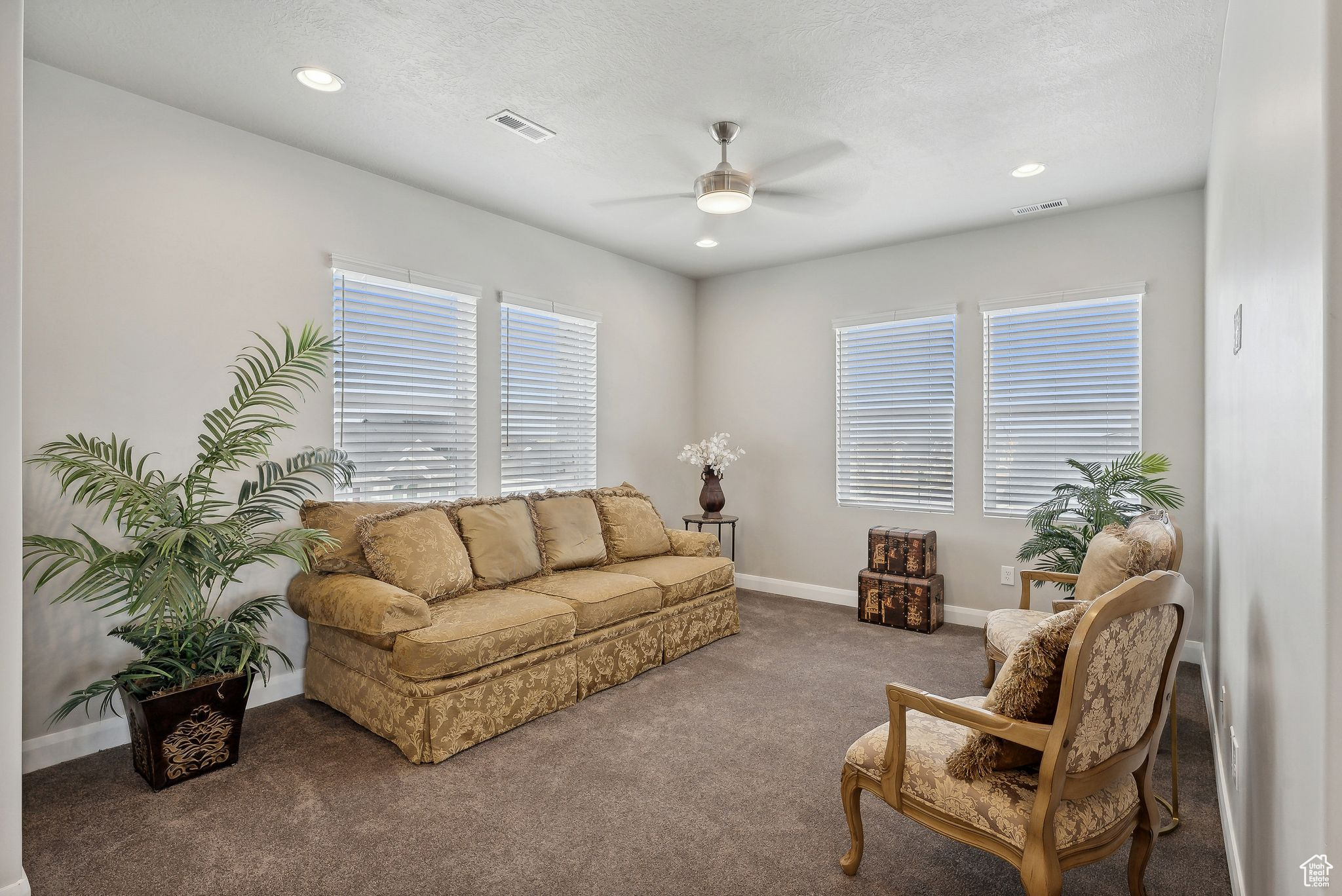 Carpeted living room with a textured ceiling and ceiling fan