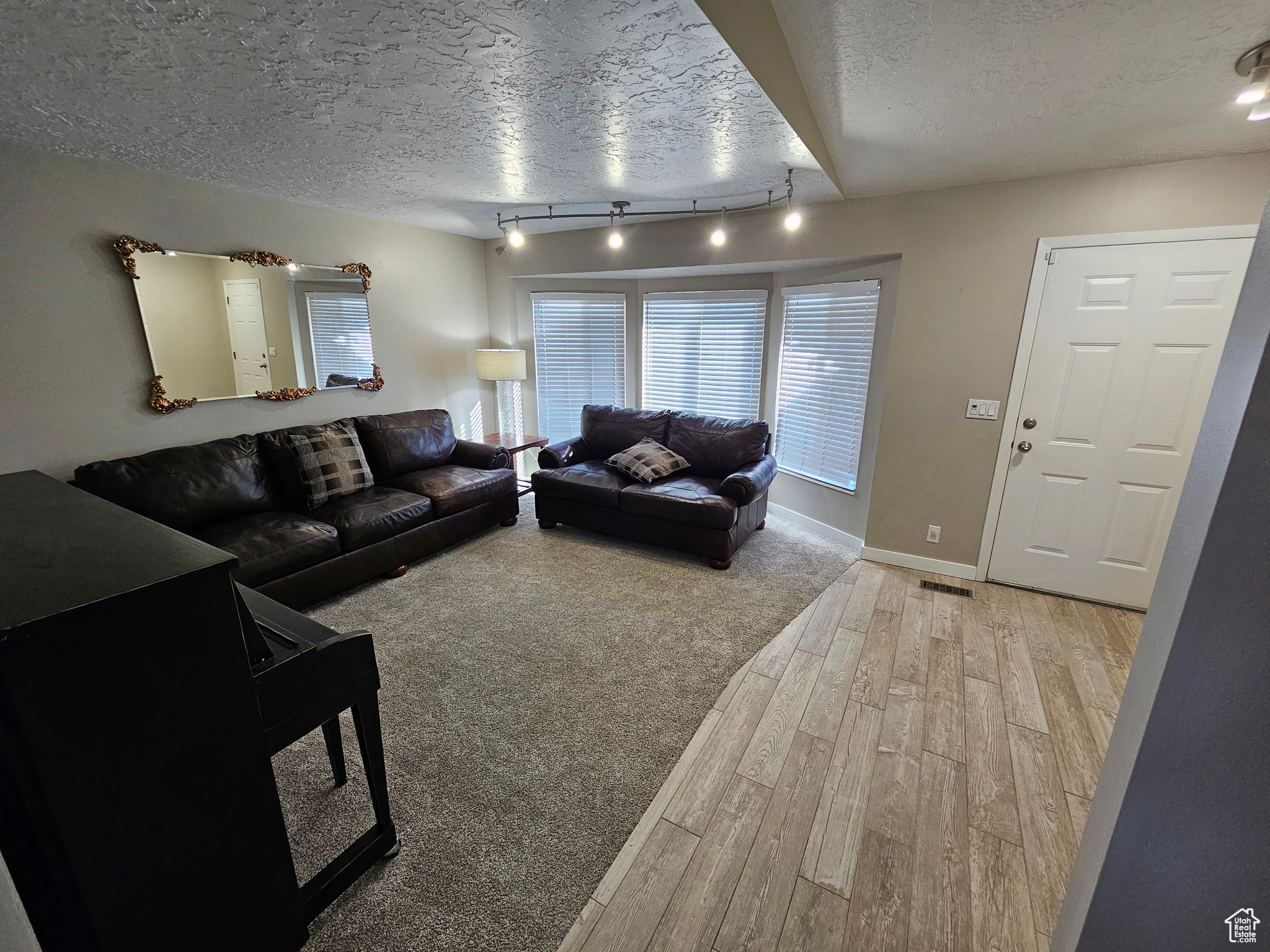 Living room with track lighting, light hardwood / wood-style floors, and a textured ceiling