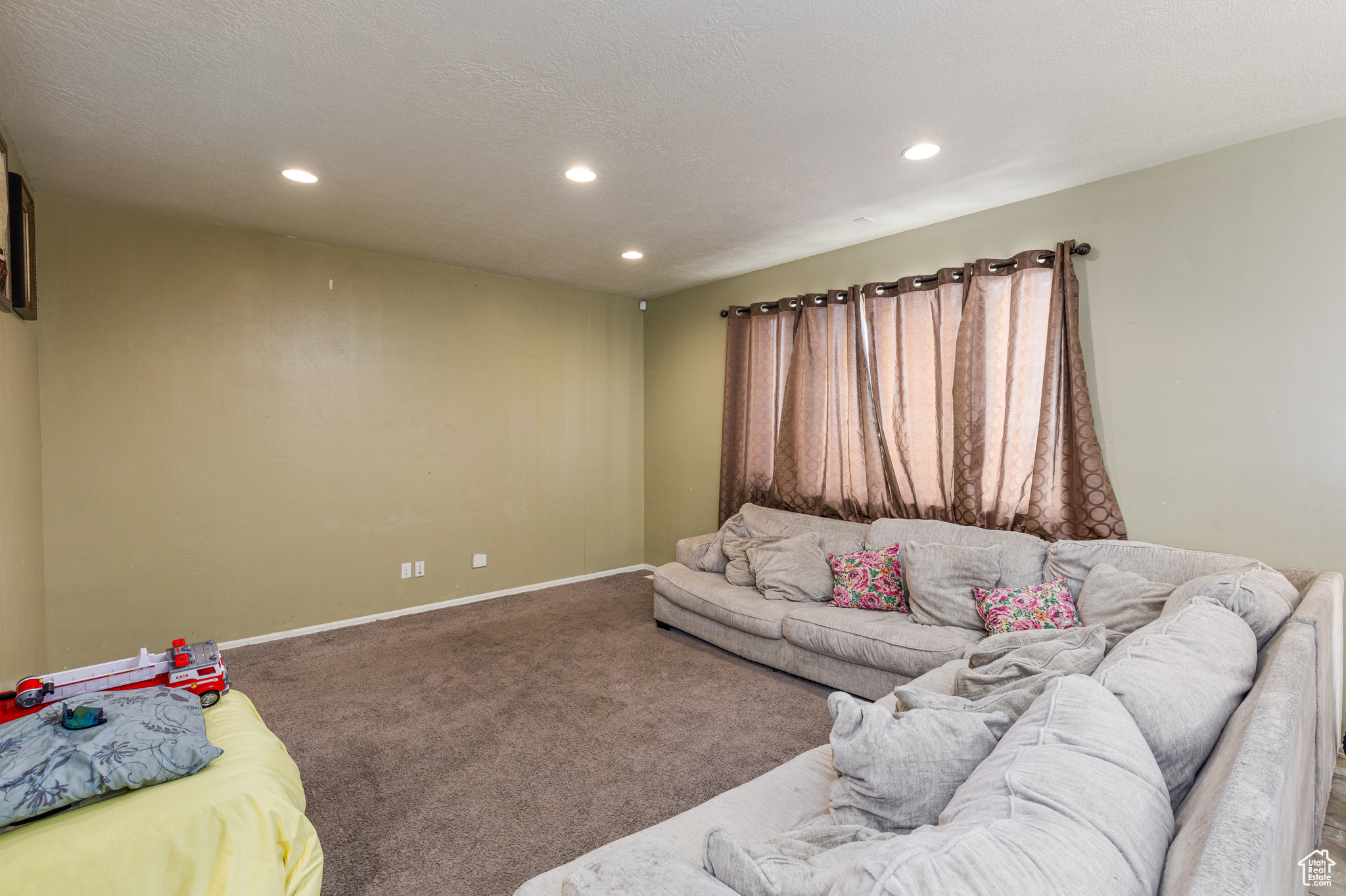 Living room featuring carpet and a textured ceiling