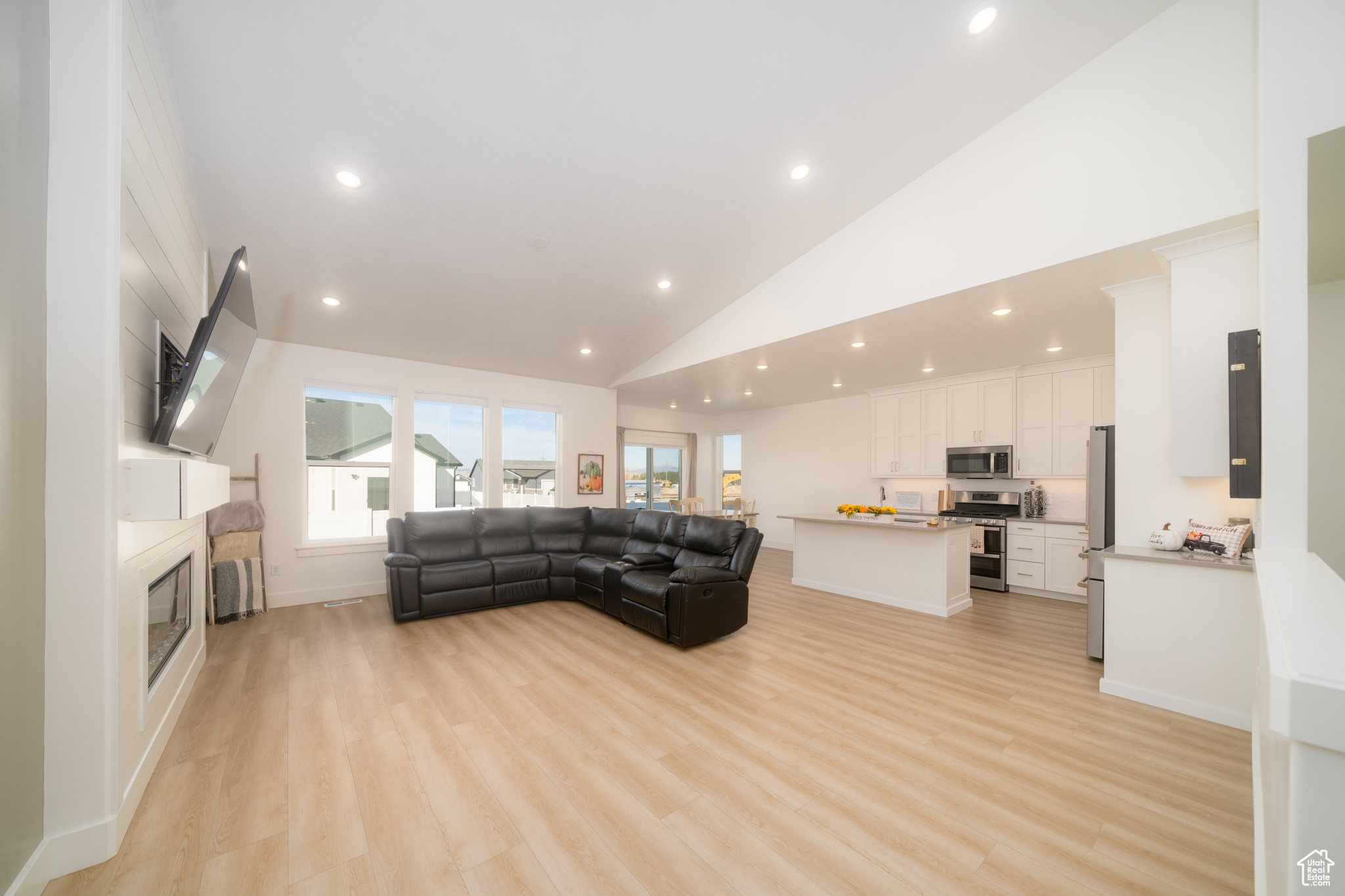 Living room featuring light hardwood / wood-style floors and high vaulted ceiling