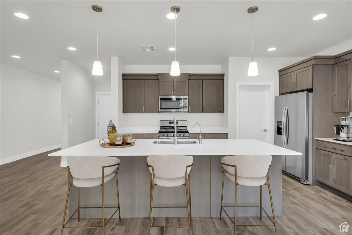 Kitchen with sink, stainless steel appliances, a center island with sink, and light hardwood / wood-style flooring