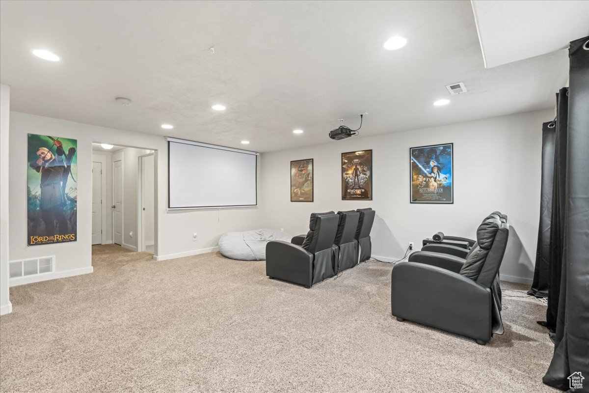 Cinema room with light colored carpet