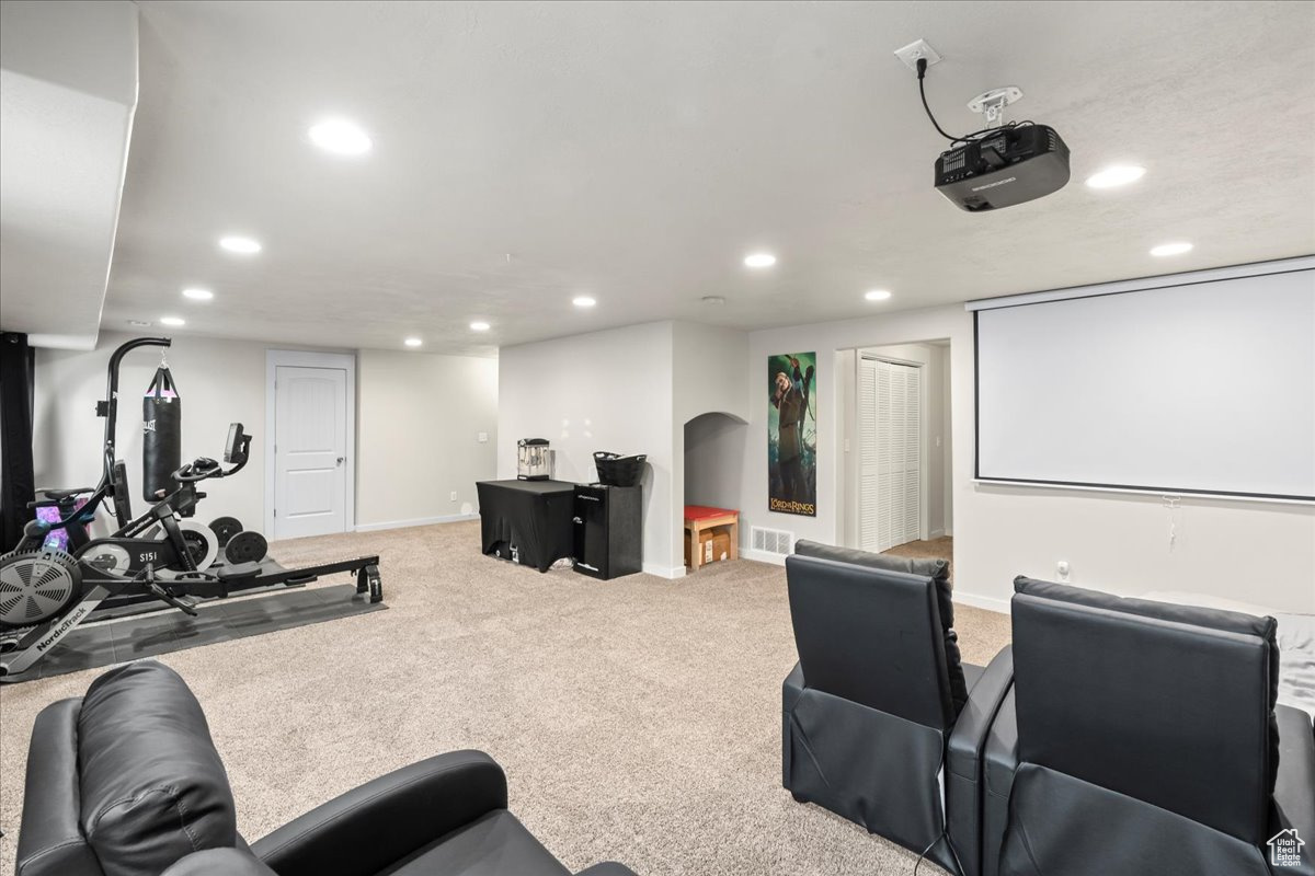 View of carpeted home theater room