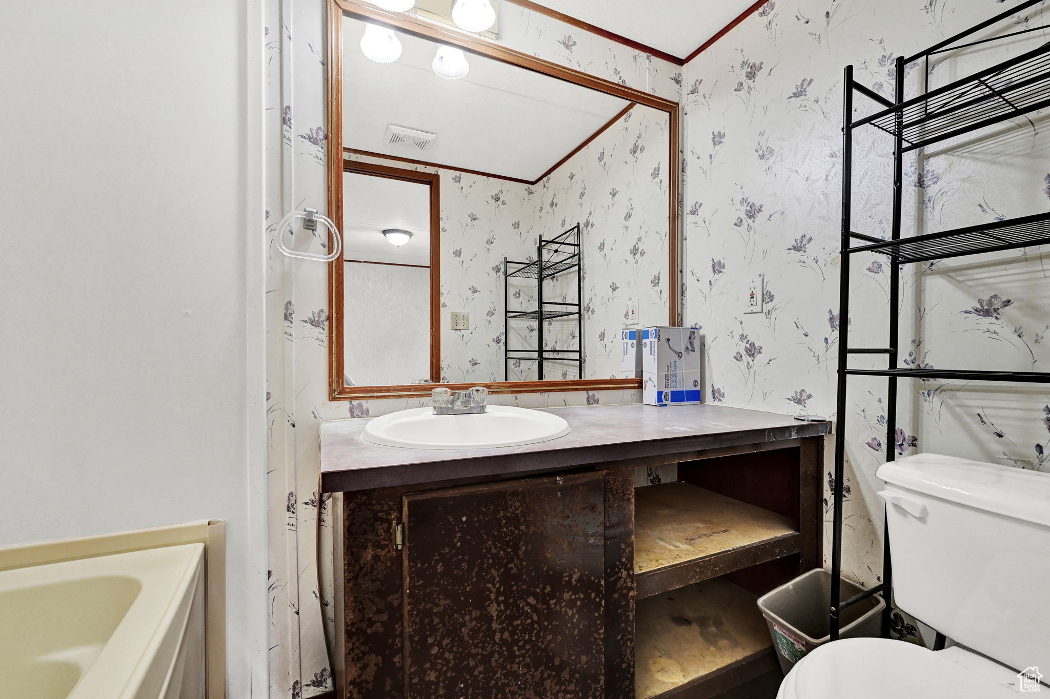 Bathroom featuring vanity, toilet, a bathtub, and crown molding