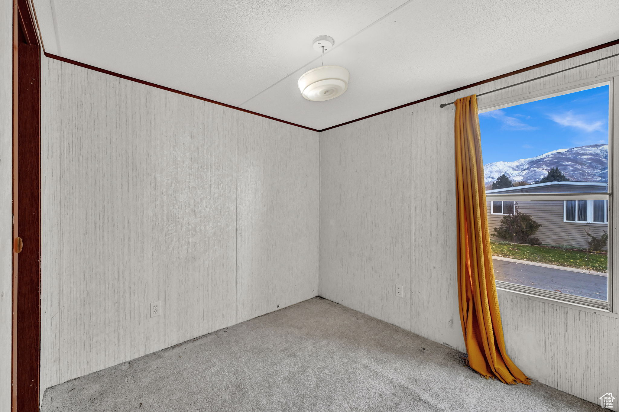 Carpeted empty room featuring a mountain view and a textured ceiling