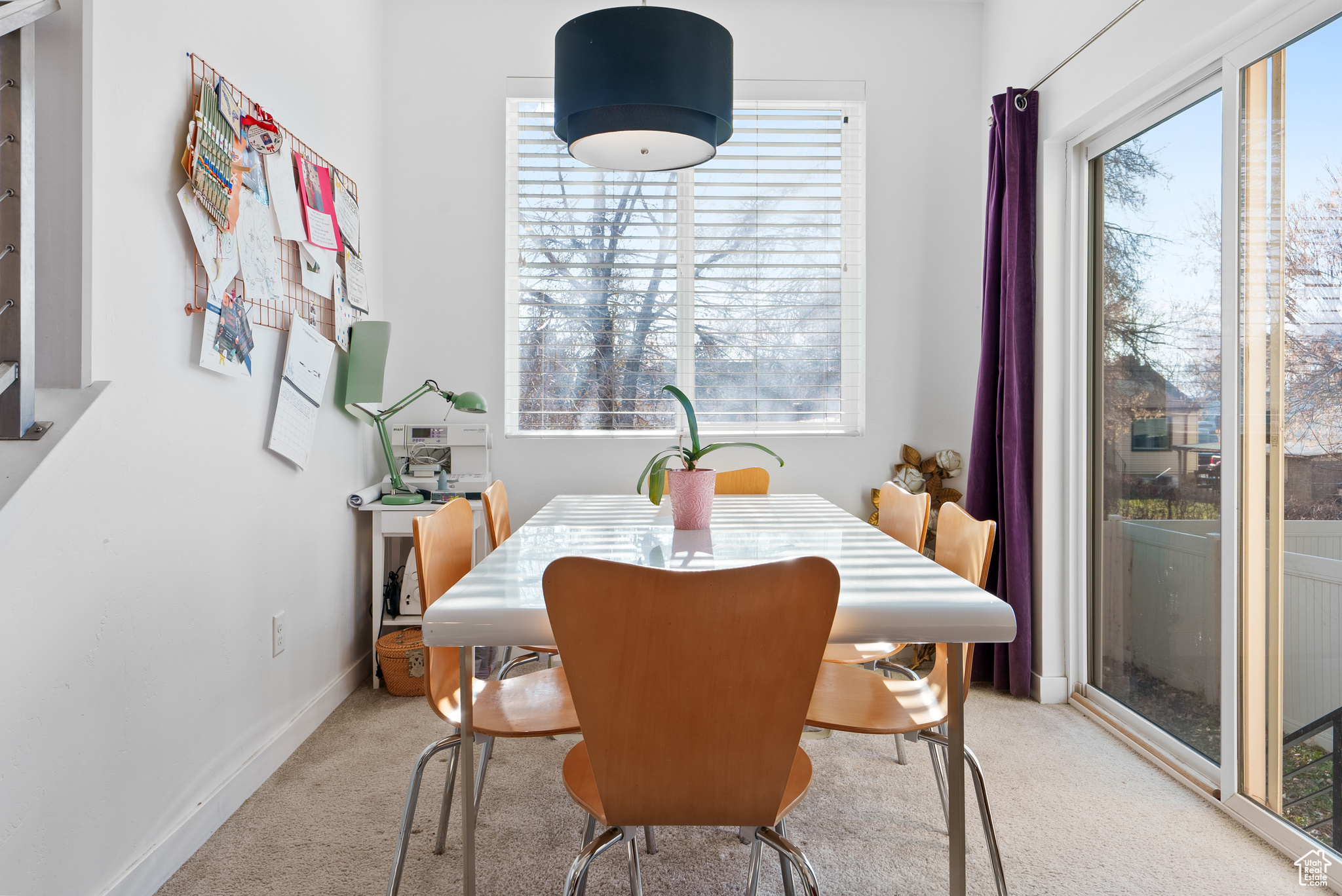 Dining space featuring light carpet