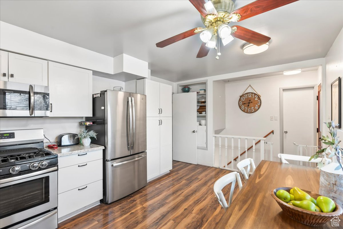 Kitchen featuring white cabinetry, dark wood-type flooring, and stainless steel appliances