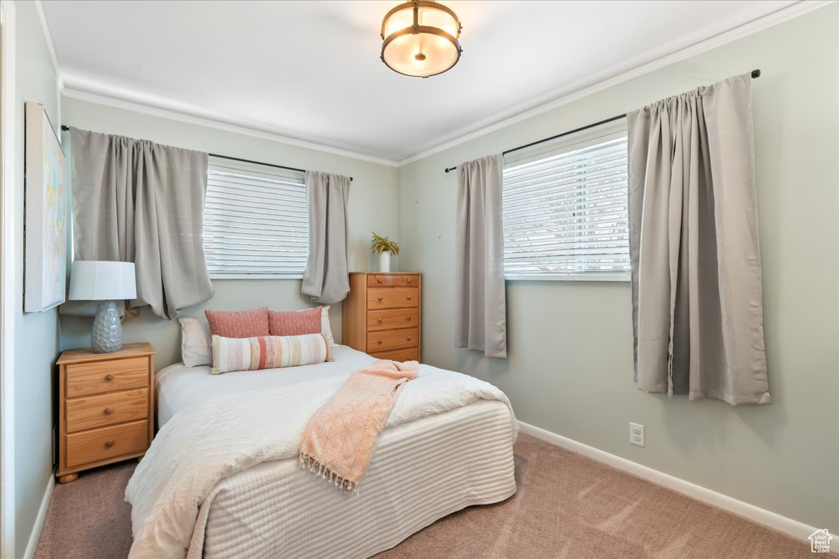 Carpeted bedroom with ornamental molding