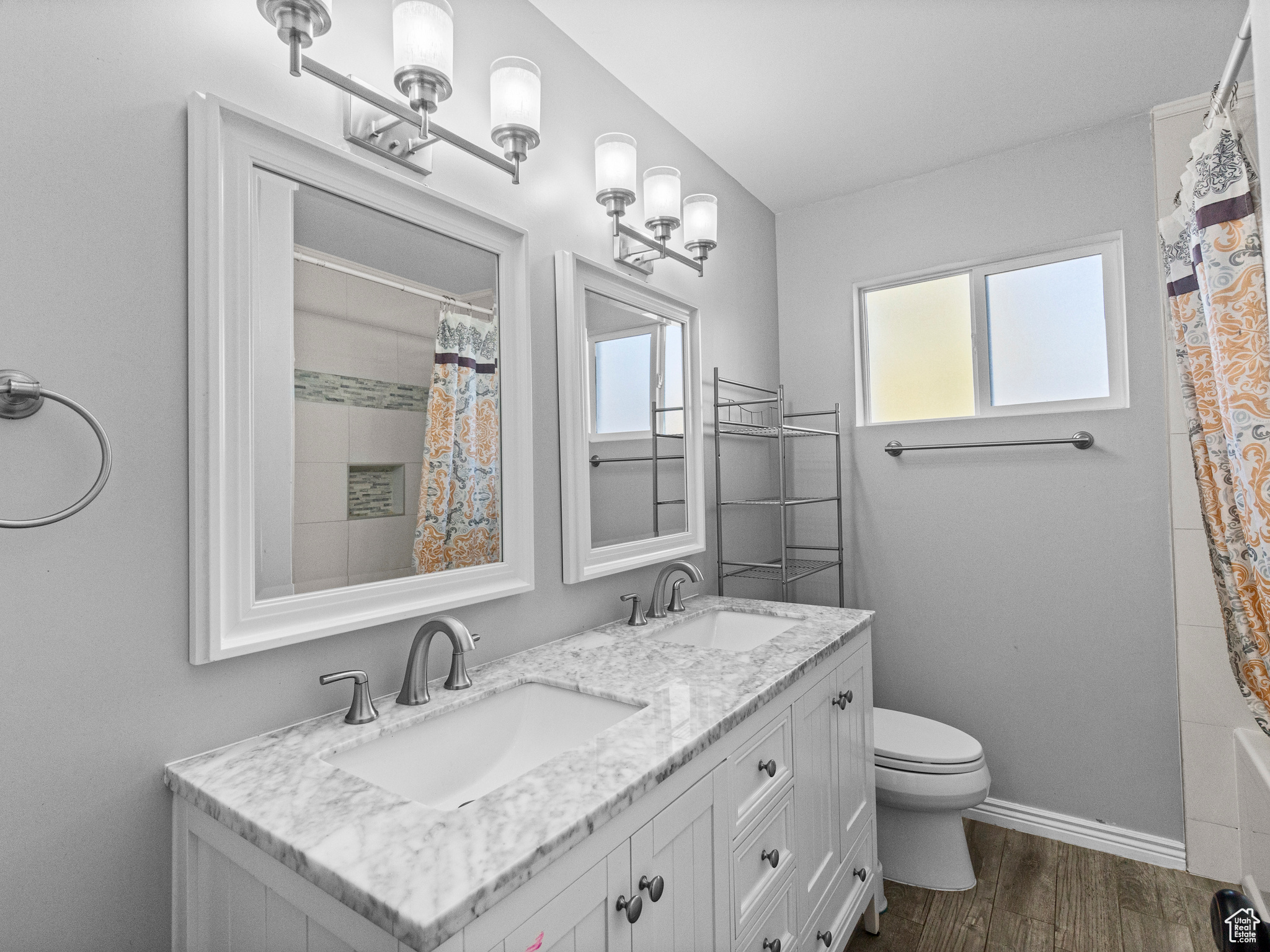 Bathroom featuring wood-type flooring, vanity, and toilet