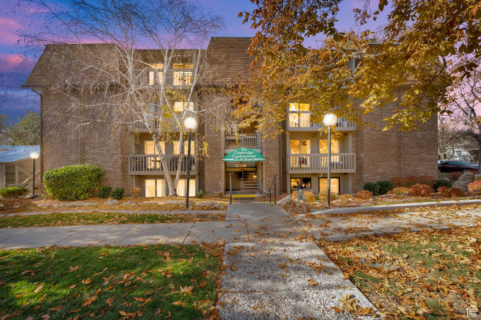 View of outdoor building at dusk