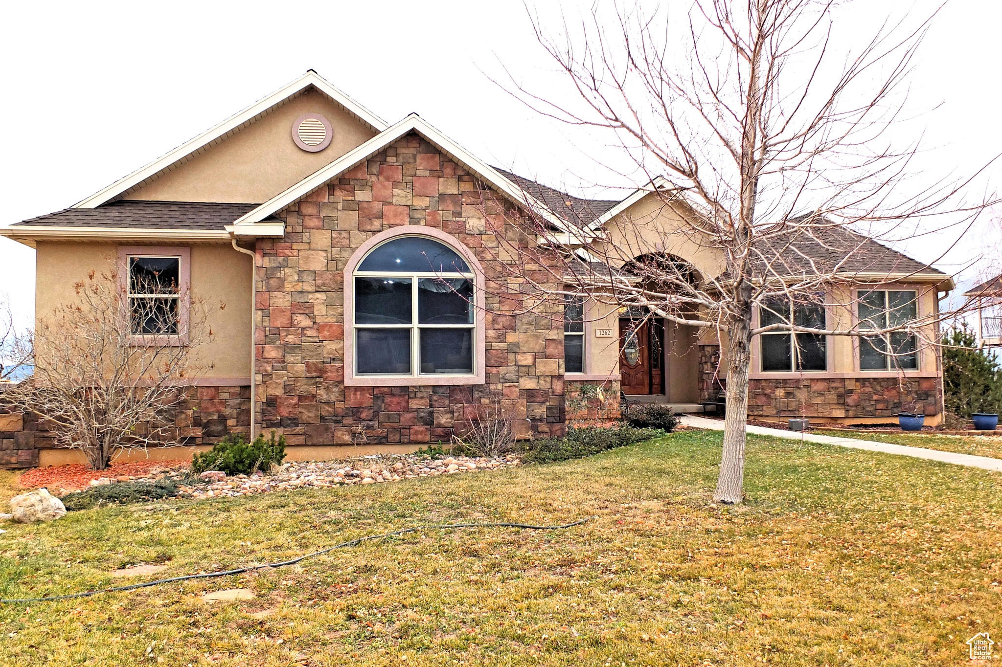 View of front facade featuring a front lawn