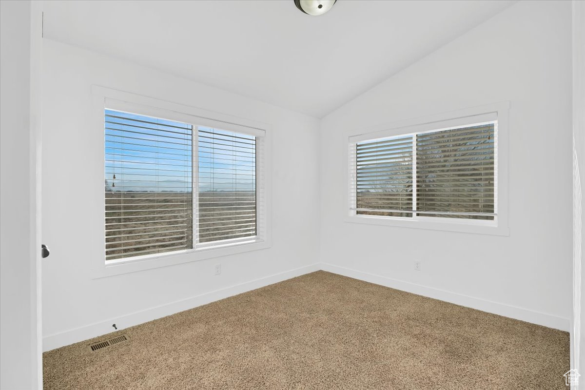 Unfurnished room featuring carpet and vaulted ceiling