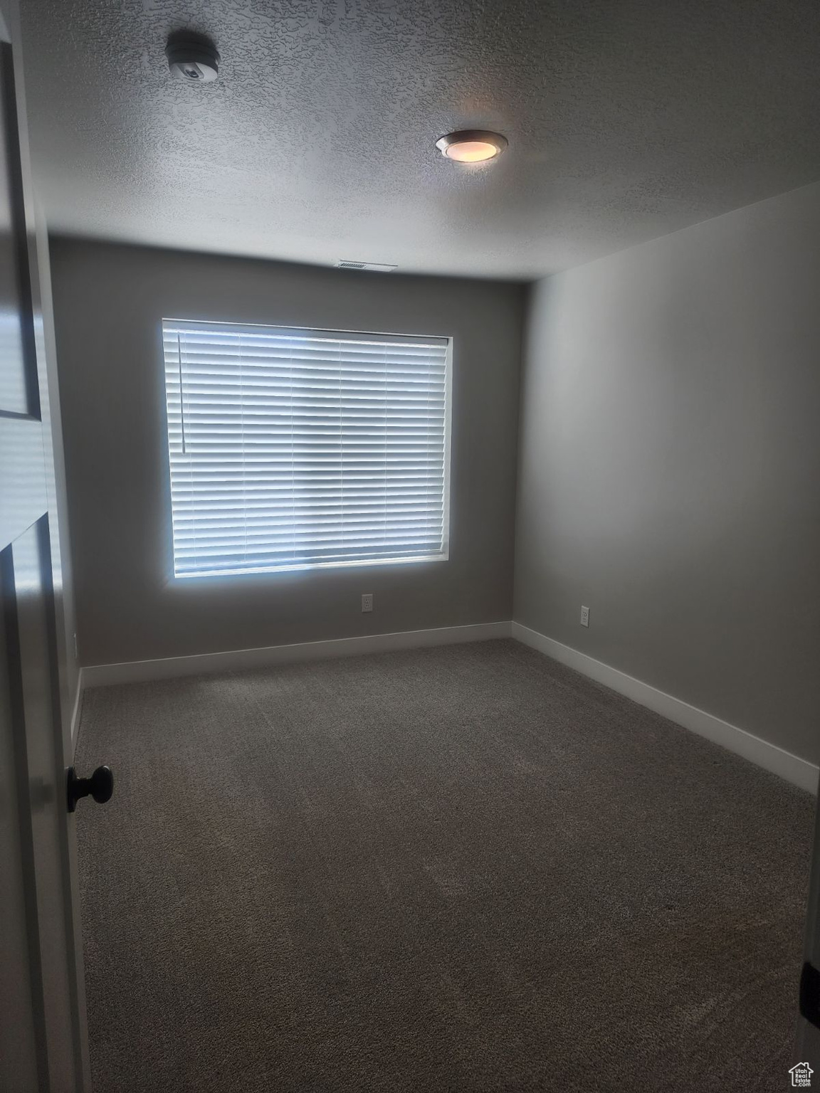 Carpeted empty room with a textured ceiling