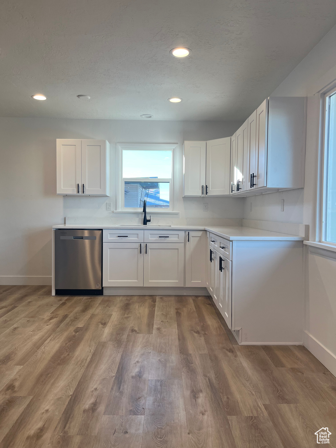 Kitchen with white cabinetry, dishwasher, hardwood / wood-style floors, and sink