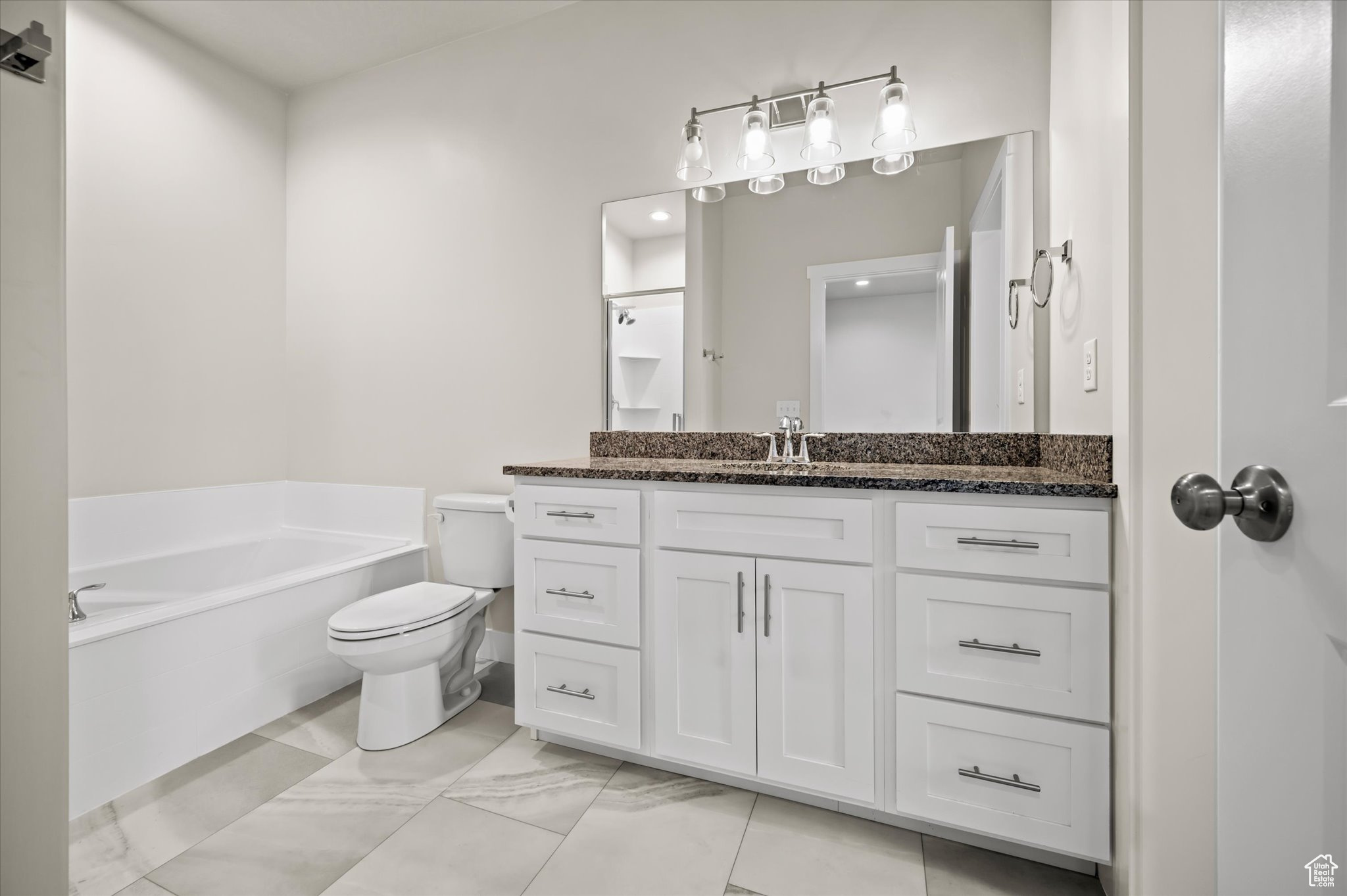 Bathroom featuring vanity, toilet, and a tub