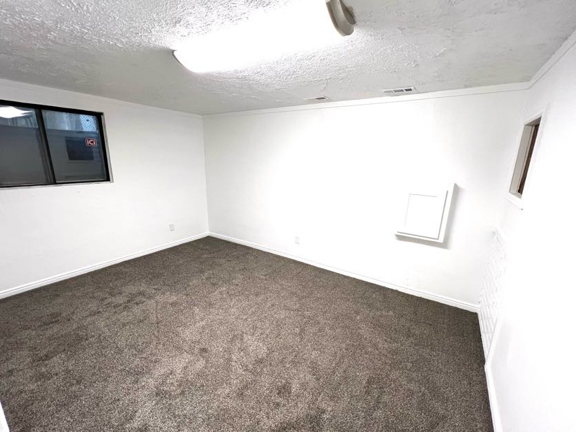 Spare room with dark colored carpet and a textured ceiling