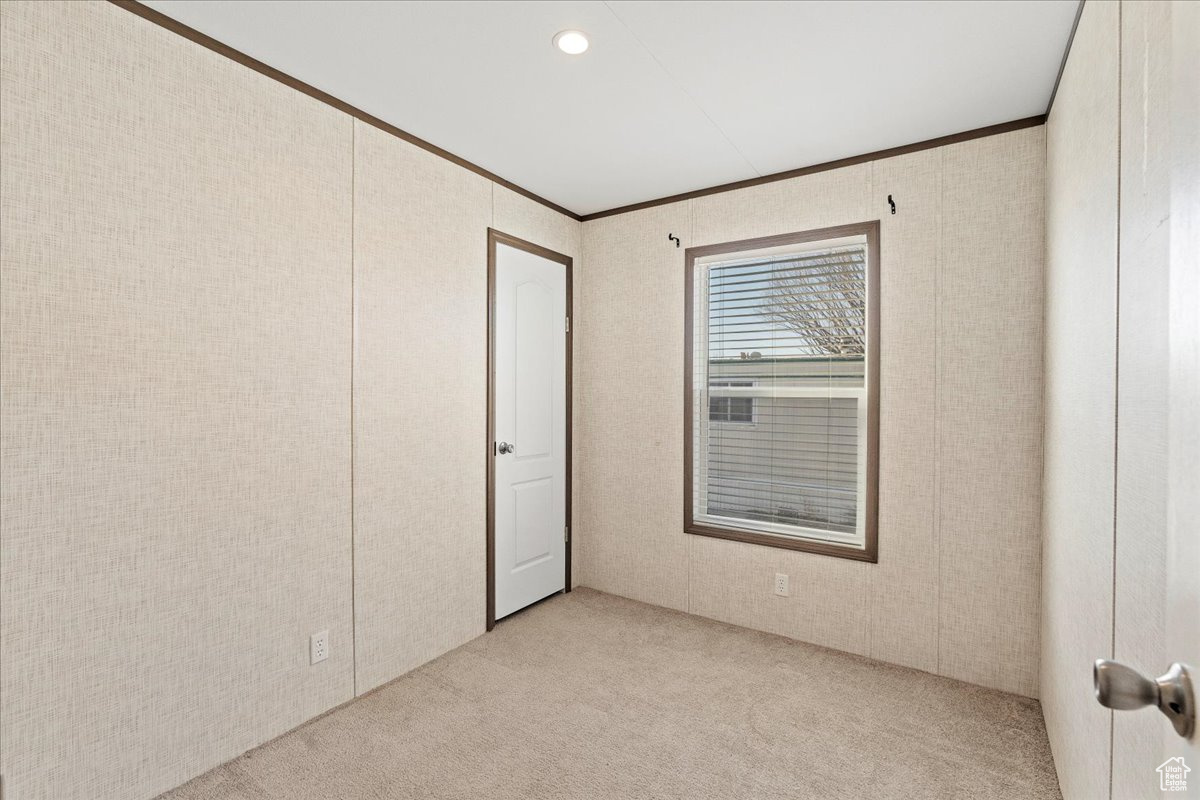 Carpeted spare room featuring ornamental molding