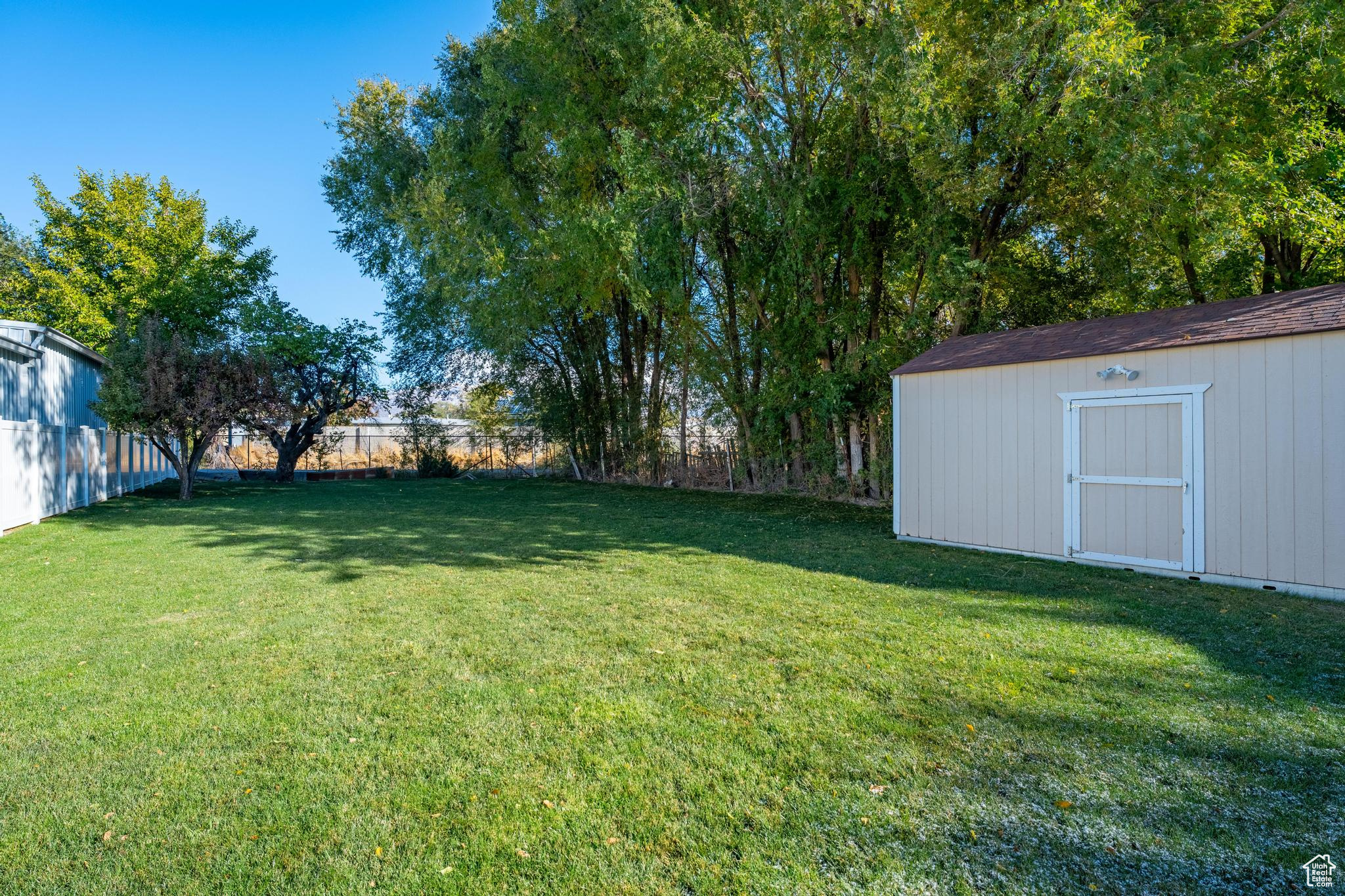 View of yard with a storage shed