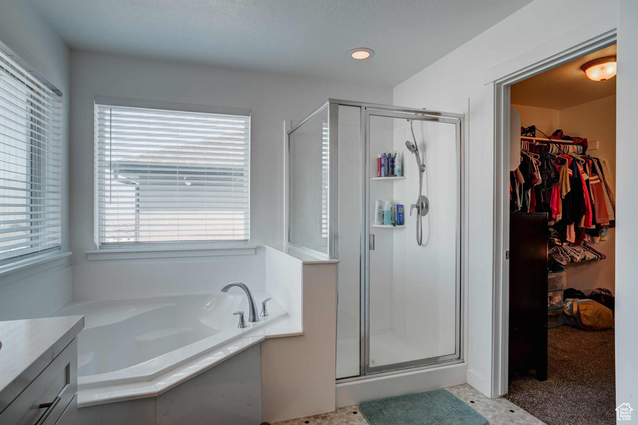 Bathroom with vanity and separate shower and tub