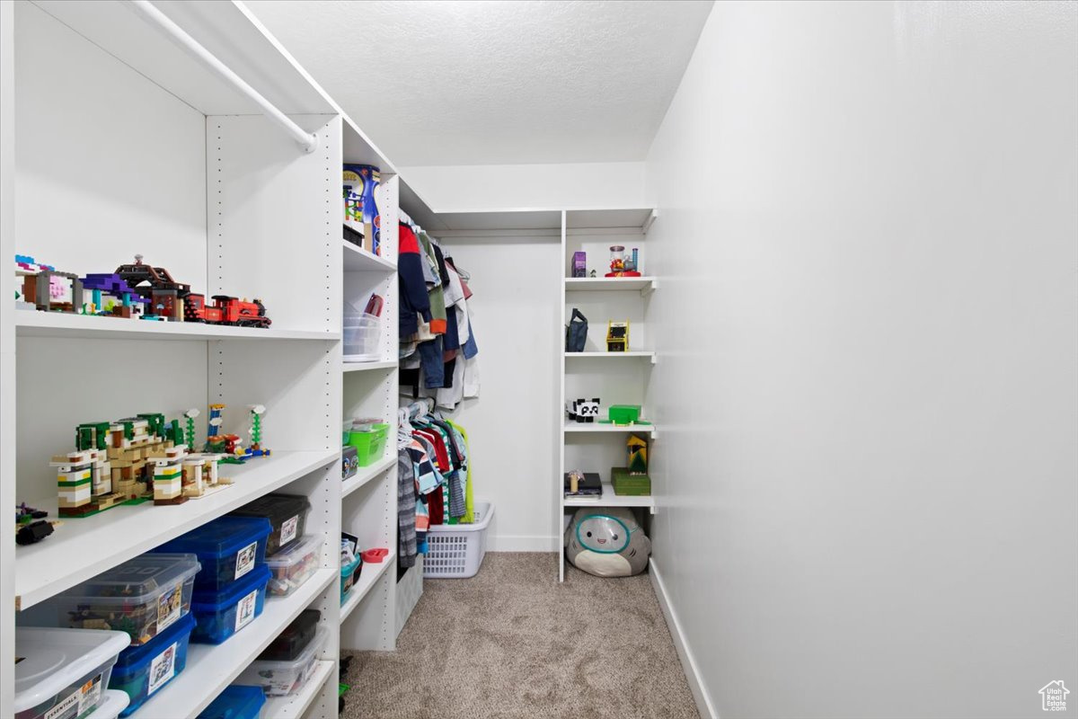 Spacious closet featuring light colored carpet