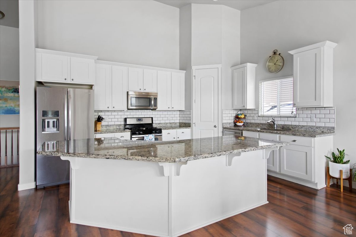 Kitchen featuring dark hardwood / wood-style flooring, stainless steel appliances, and white cabinetry