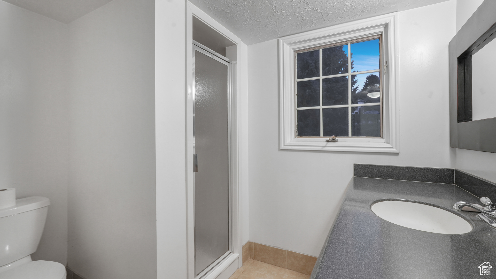 Bathroom featuring walk in shower, tile patterned floors, a textured ceiling, toilet, and vanity