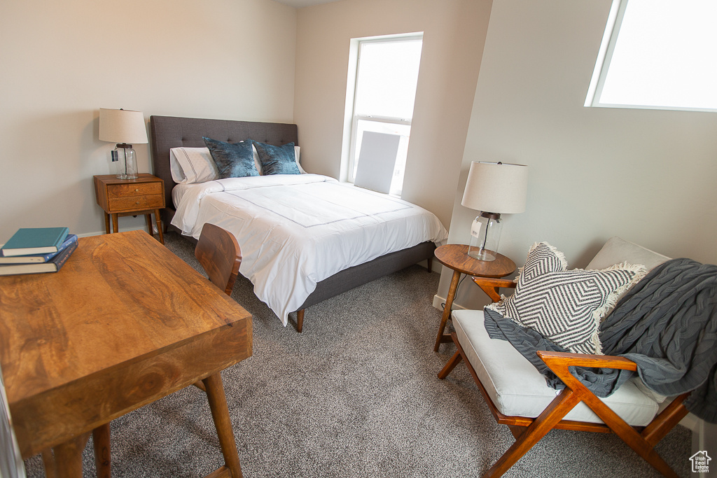 Bedroom featuring dark colored carpet and multiple windows