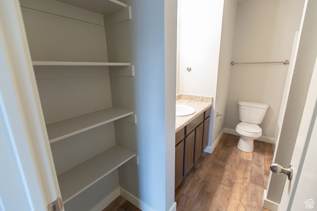 Bathroom with toilet, vanity, and hardwood / wood-style flooring