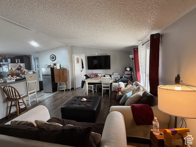 Living room with a textured ceiling, dark hardwood / wood-style floors, and vaulted ceiling