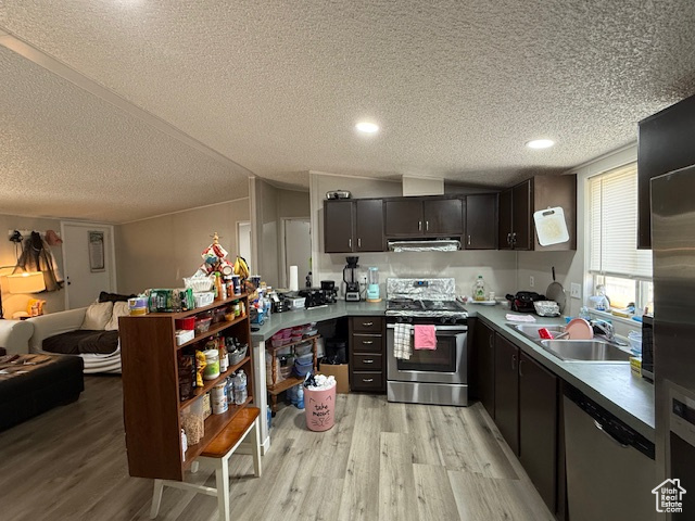 Kitchen with light wood-type flooring, a textured ceiling, stainless steel appliances, exhaust hood, and sink