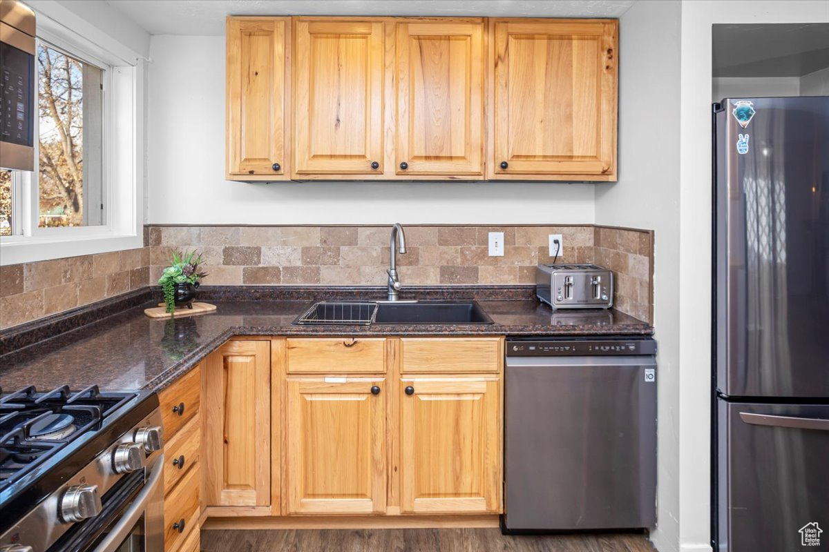 Kitchen featuring sink, stainless steel appliances, dark hardwood / wood-style floors, backsplash, and dark stone countertops