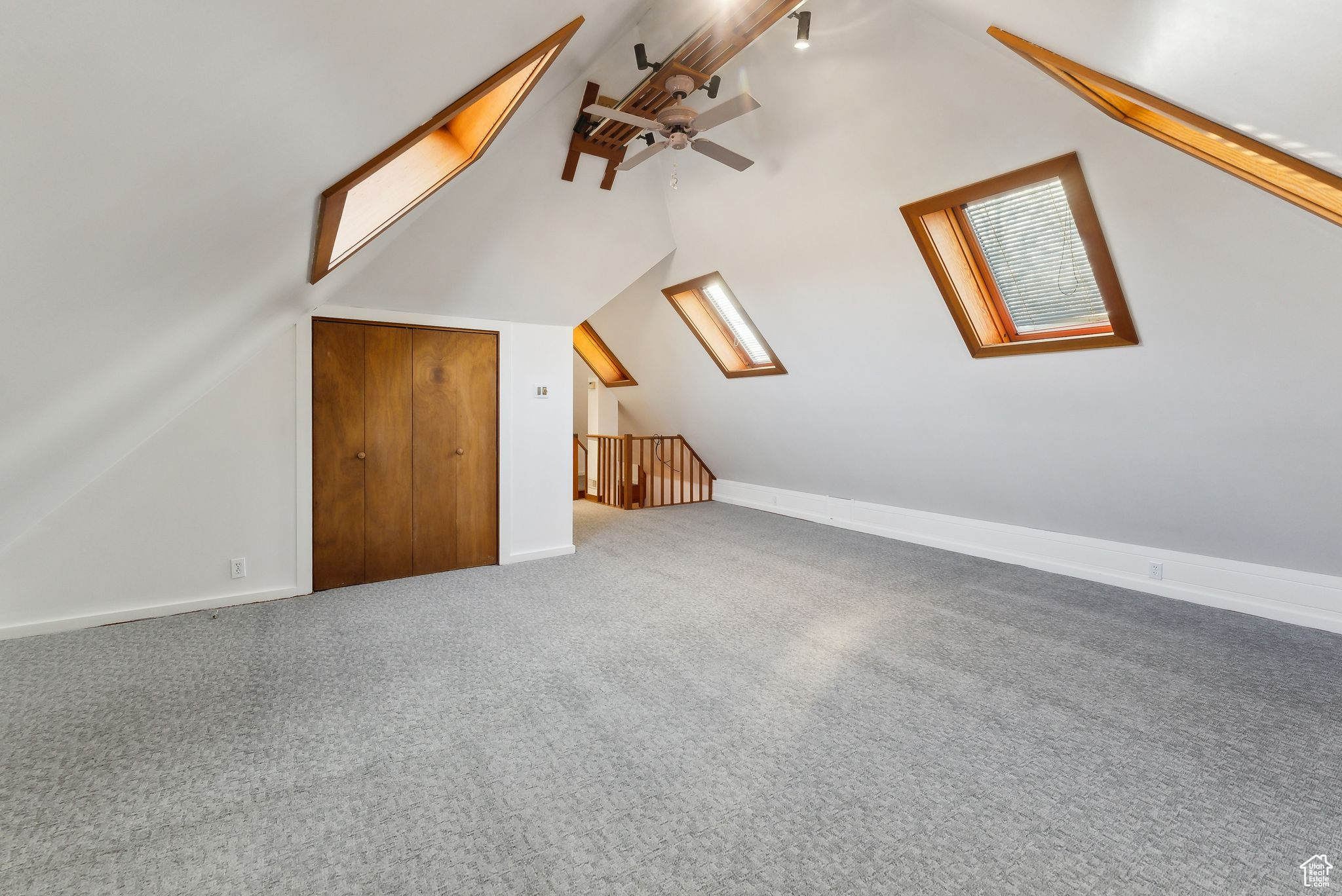 Bonus room featuring vaulted ceiling with skylight, ceiling fan, and carpet floors