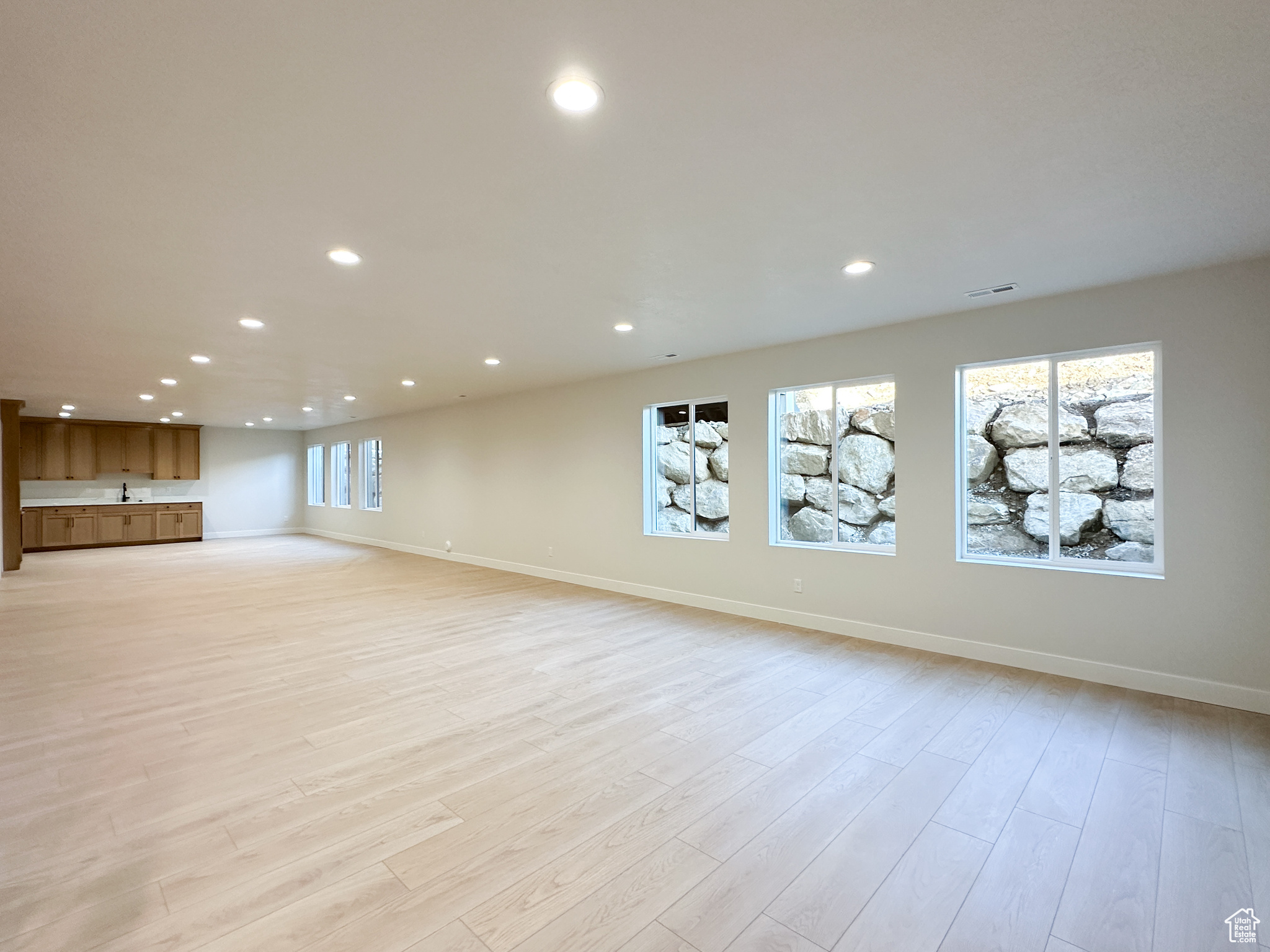 Basement with light hardwood / wood-style flooring