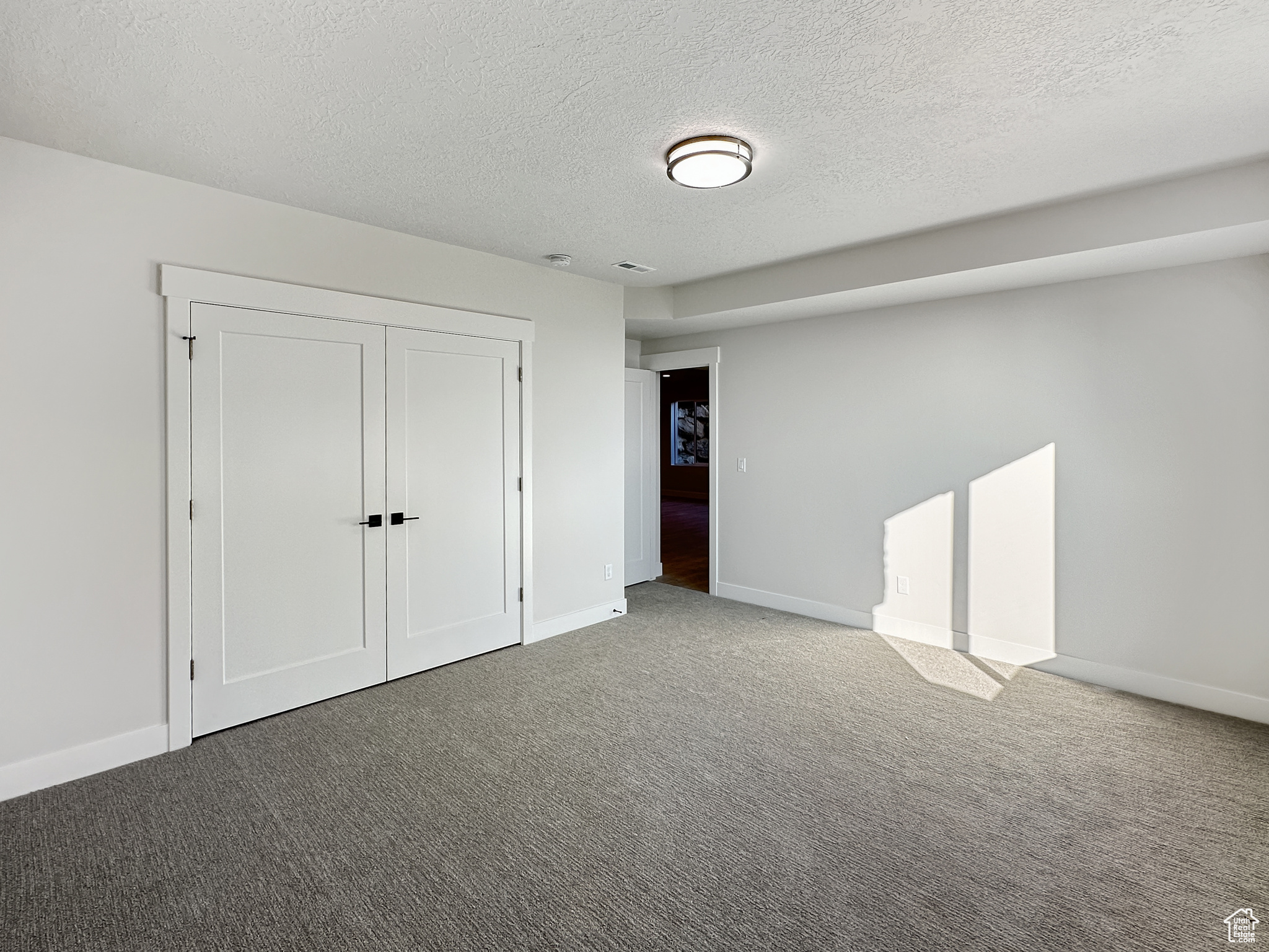 Unfurnished bedroom with a closet, carpet, and a textured ceiling