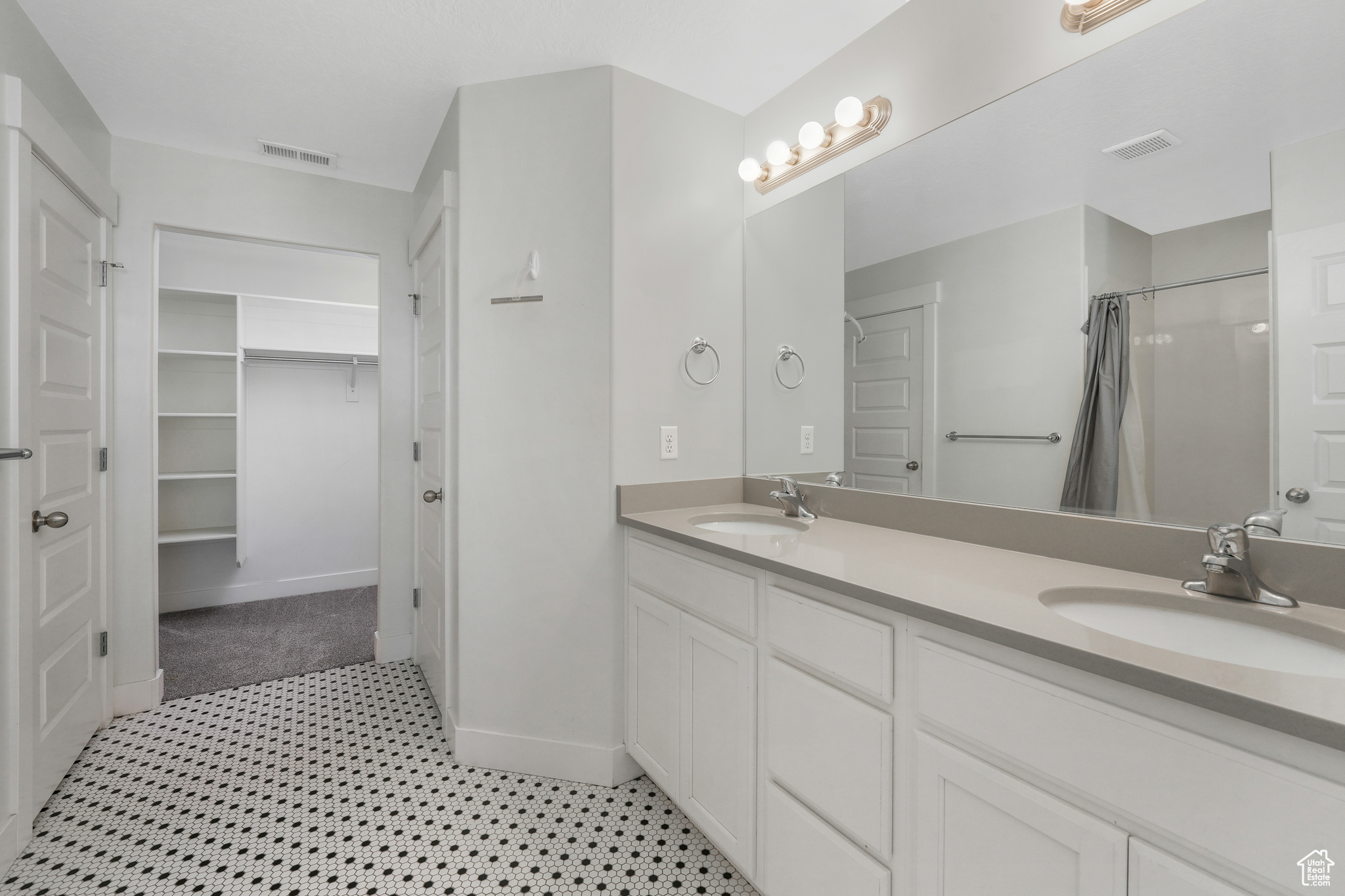 Bathroom with a shower with shower curtain and vanity