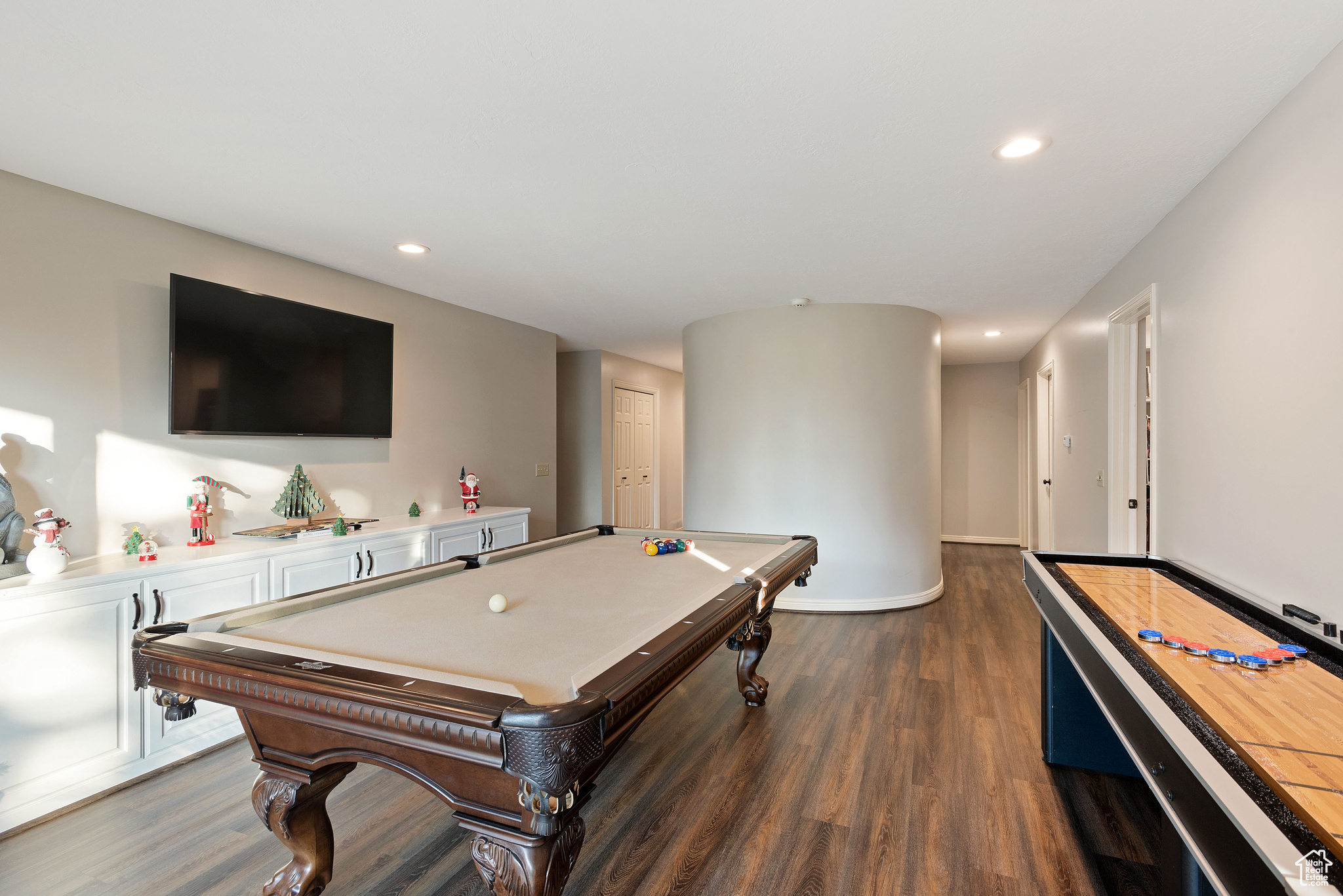 Playroom featuring dark wood-type flooring and pool table