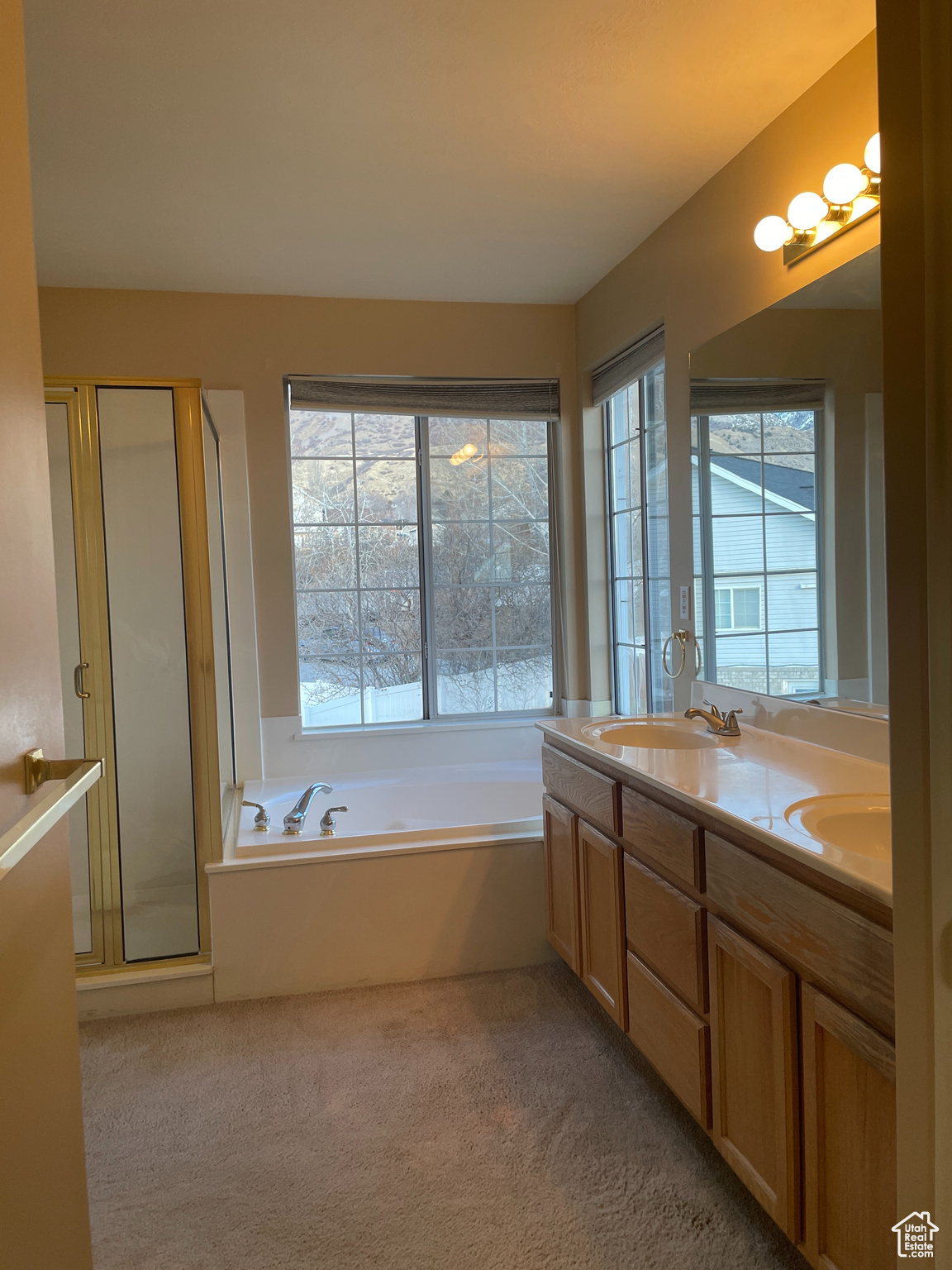 Bathroom featuring independent shower and bath and vanity