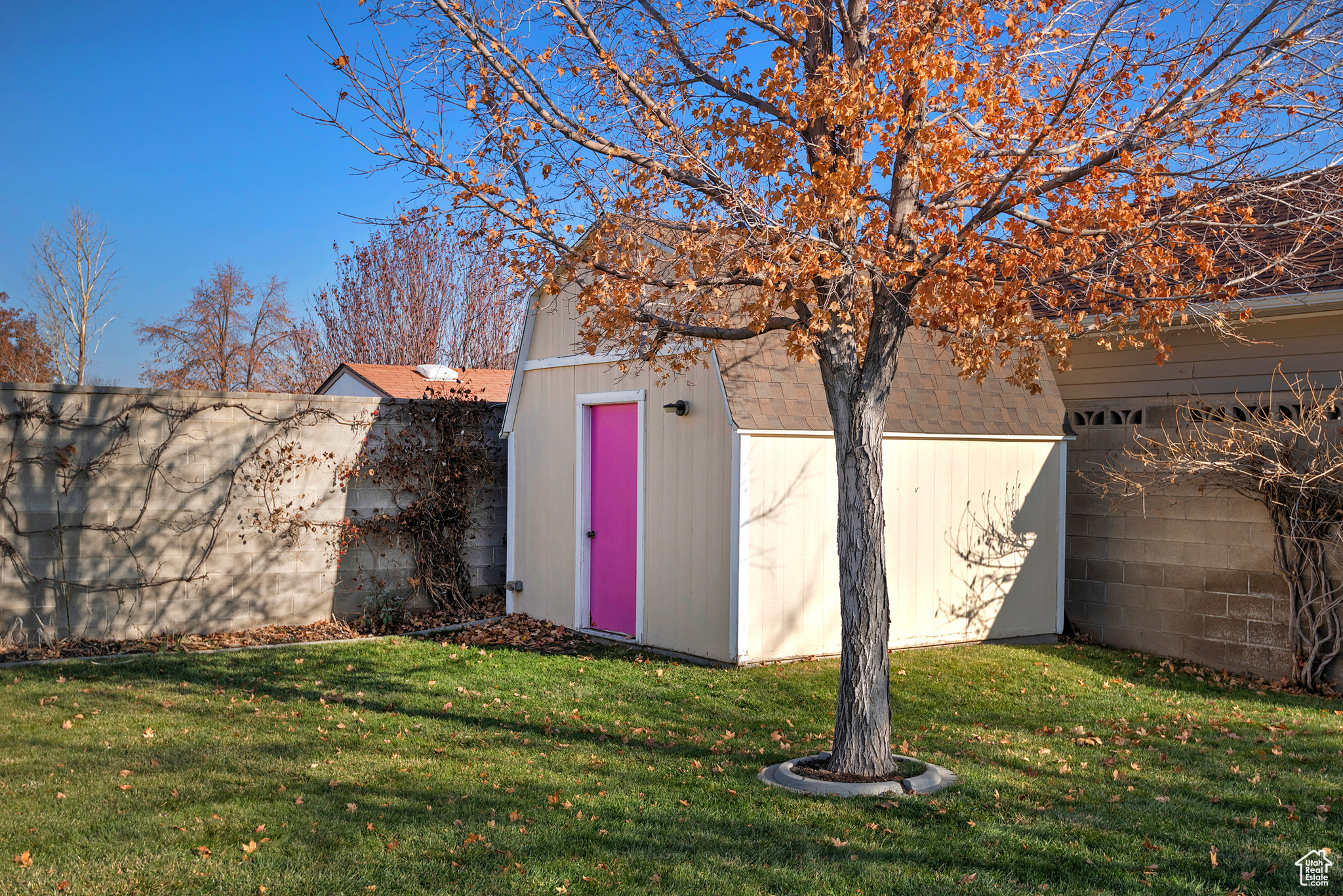 View of outdoor structure featuring a yard