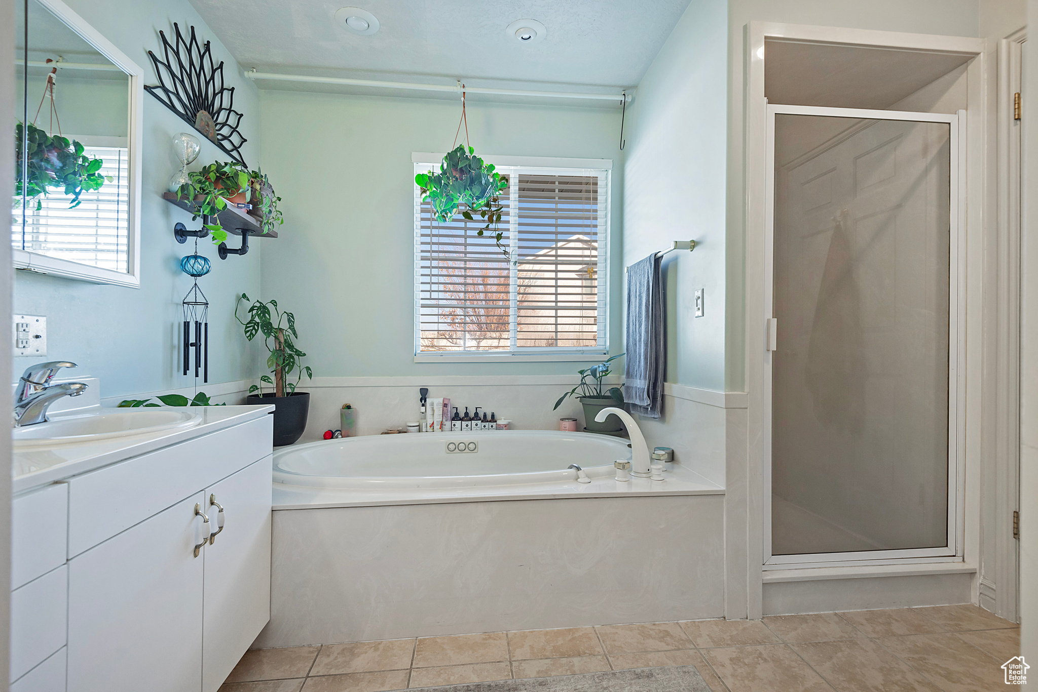 Bathroom with vanity, plus walk in shower, and a healthy amount of sunlight