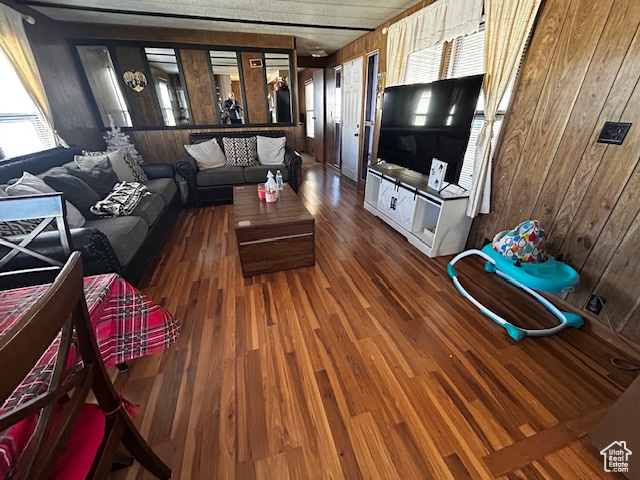 Living room featuring wooden walls and dark wood-type flooring