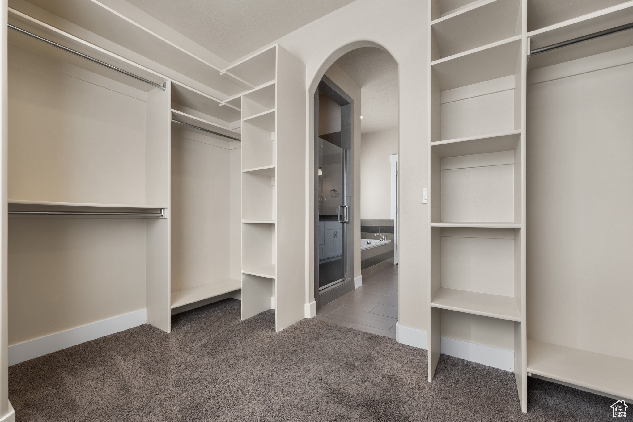 Walk in closet featuring dark colored carpet